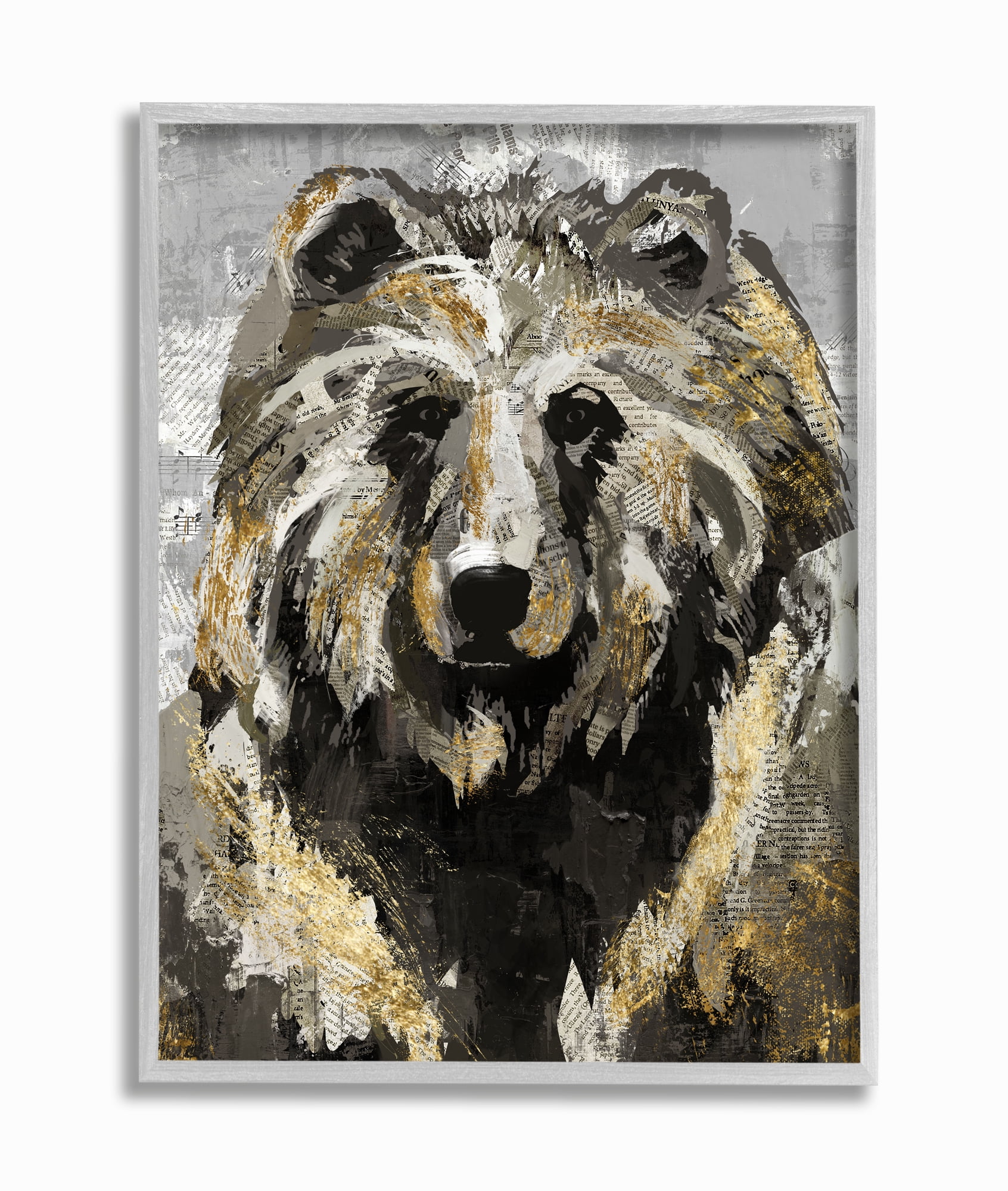Stupell Industries Bear Newspaper Collage Gray Gold Design Framed Wall Art by Main Line Studio, 11" x 14", Gray Framed