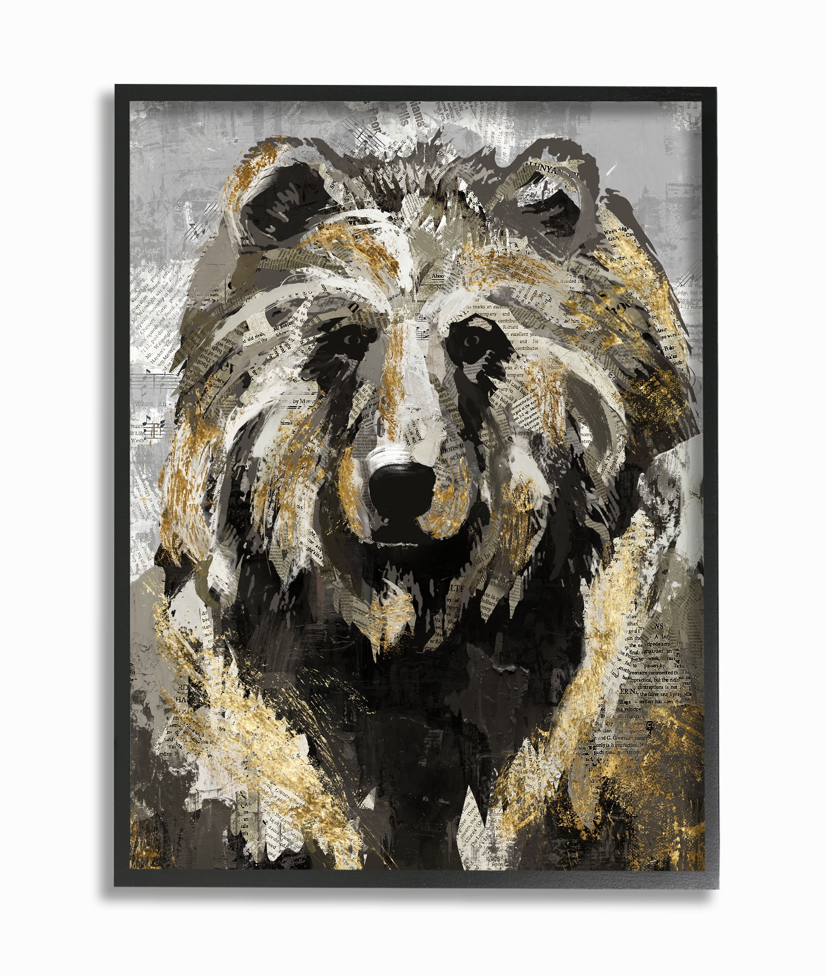 Stupell Industries Bear Newspaper Collage Gray Gold Design Framed Wall Art by Main Line Studio