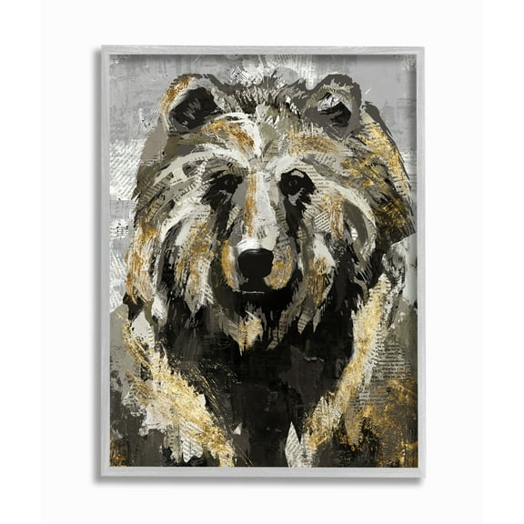 Stupell Industries Bear Newspaper Collage Gray Gold Design Framed Wall Art by Main Line Studio