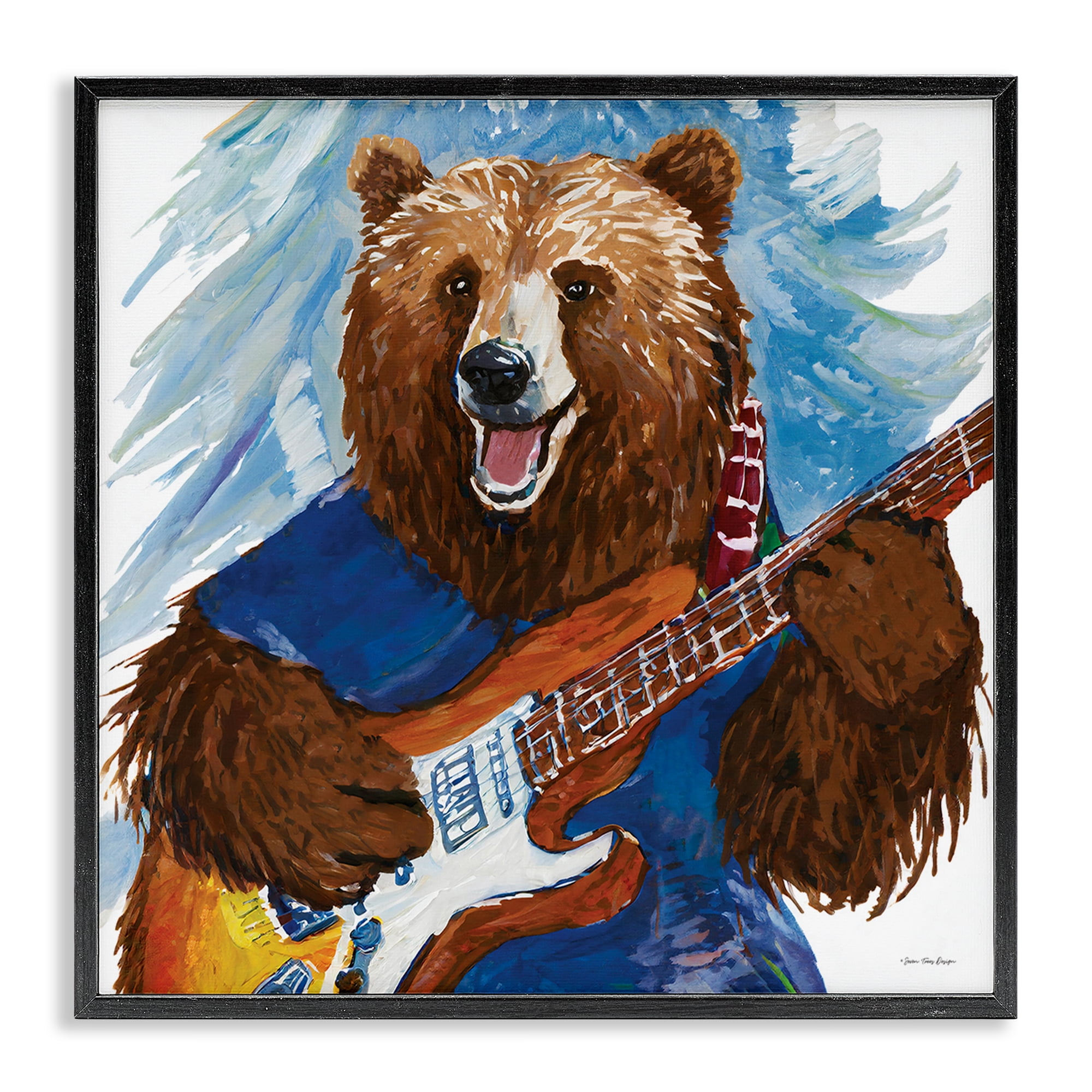 Stupell Industries Bear Playing Guitar Entertainment Painting Black Framed Art Print Wall Art, 17 x 17