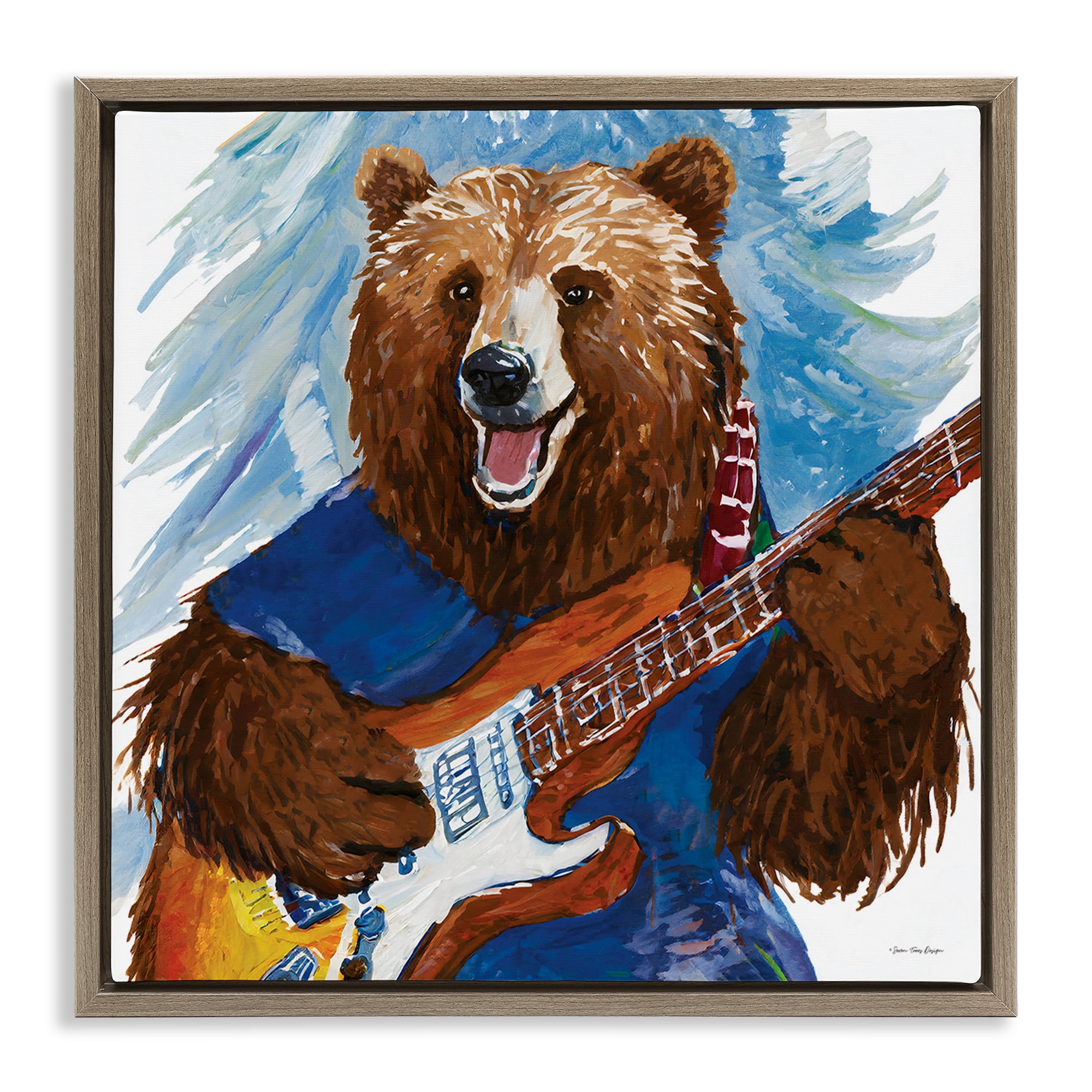 Stupell Industries Bear Playing Guitar Entertainment Painting Brown Floater Framed Canvas Art Print Wall Art, 25 x 25