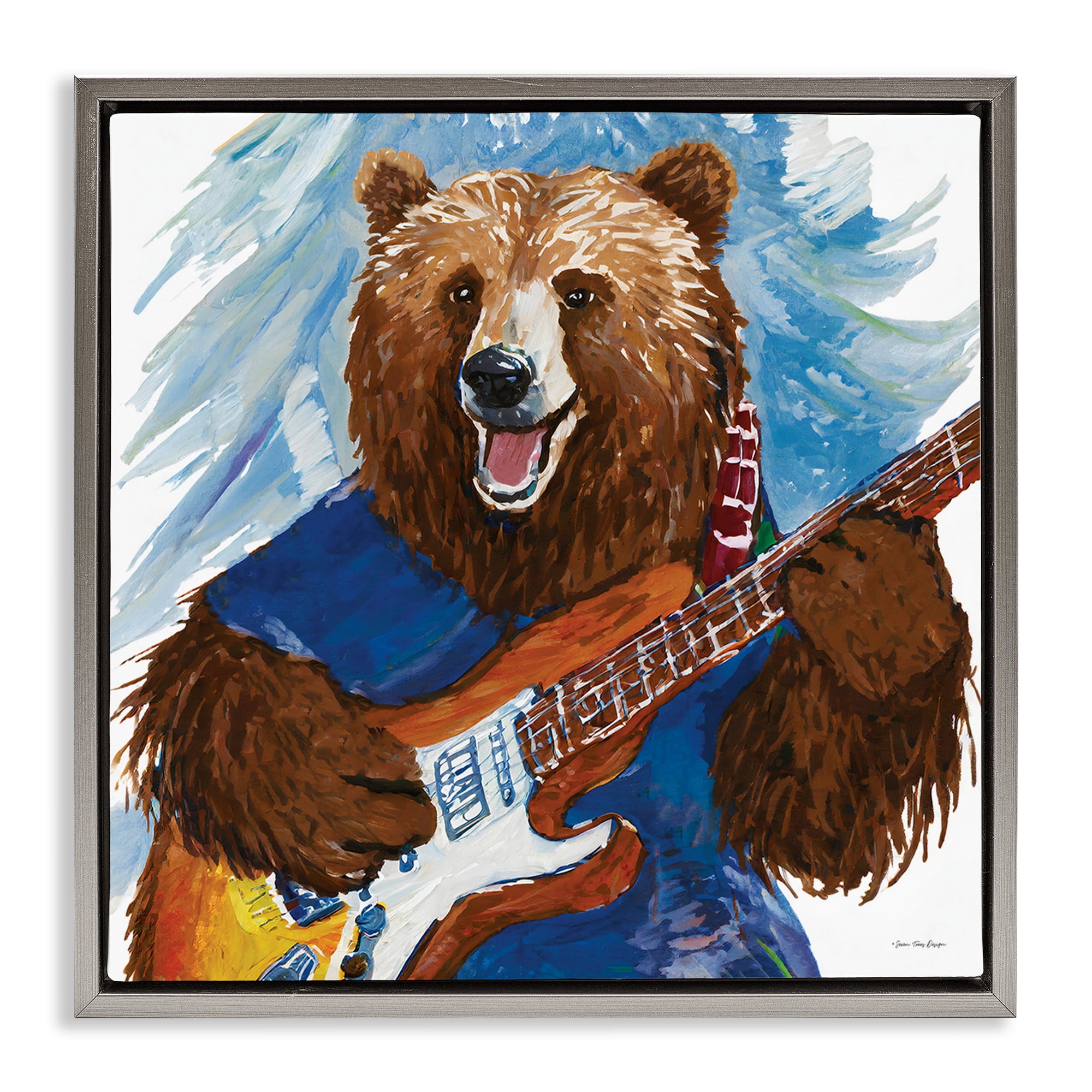 Stupell Industries Bear Playing Guitar Entertainment Painting Gray Floater Framed Canvas Art Print Wall Art, 18 x 18