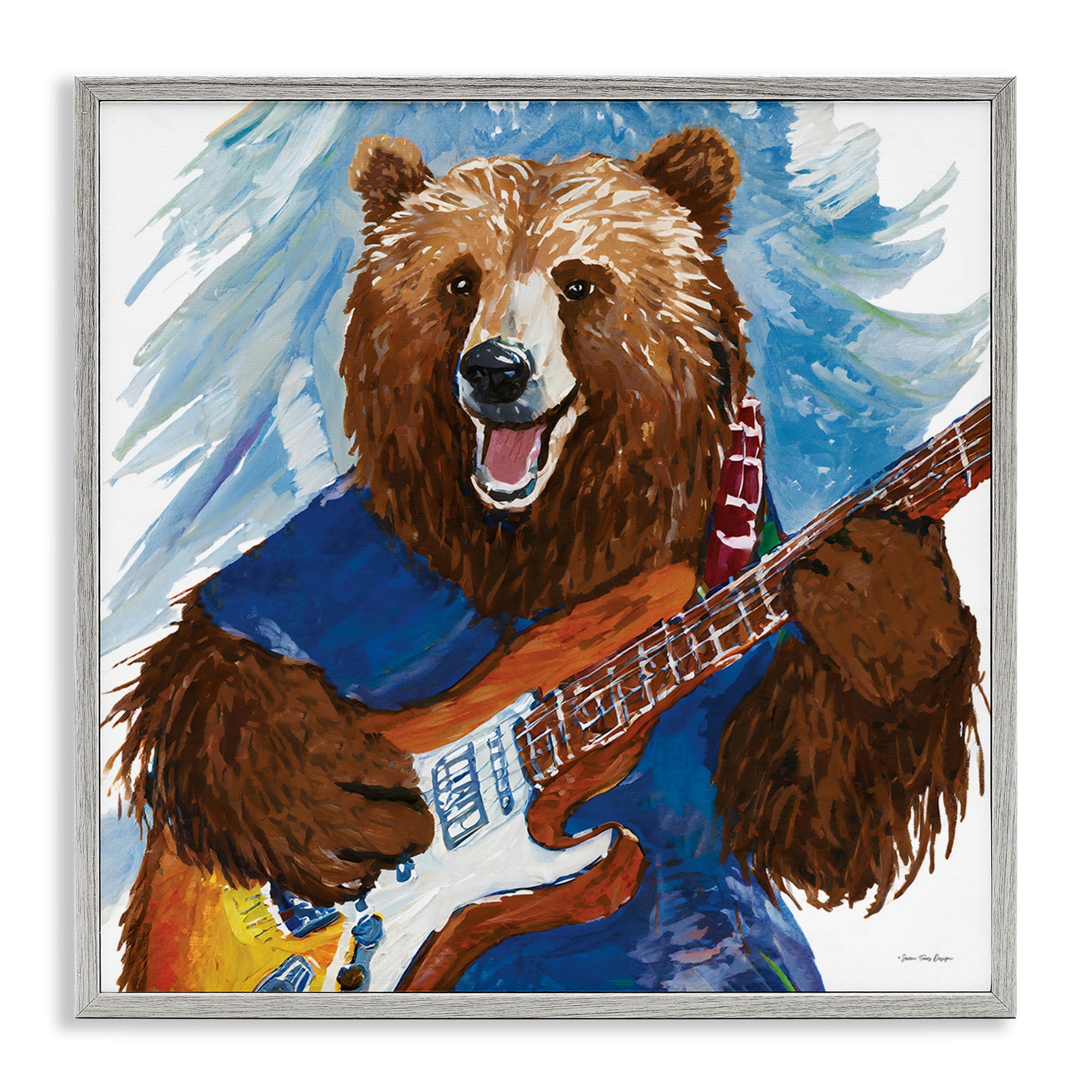 Stupell Industries Bear Playing Guitar Entertainment Painting Gray Framed Art Print Wall Art, 12 x 12