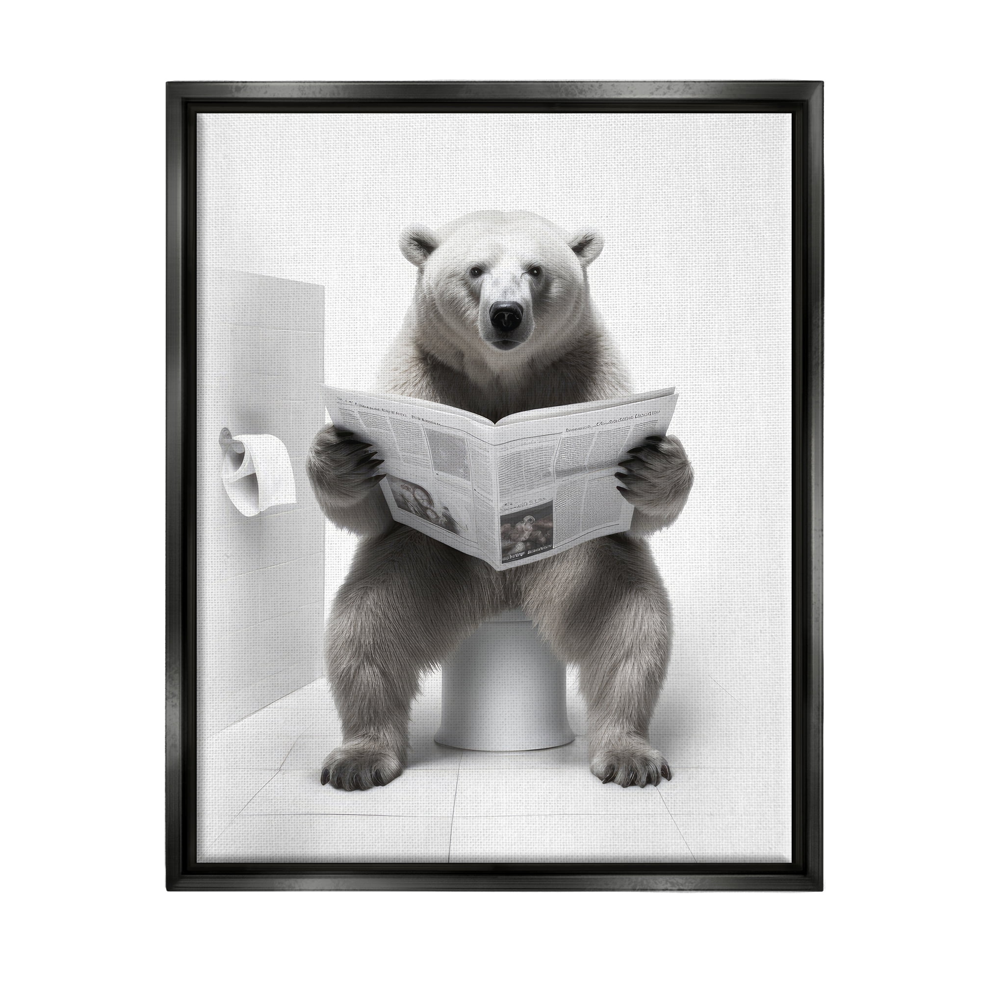 Stupell Industries Bear Reading Newspaper Animals & Insects Painting Black Floater Framed Canvas Art Print Wall Art, 25 x 31