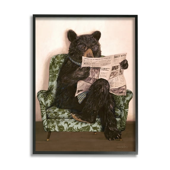 Stupell Industries Bear Reading Newspaper Animals & Insects Painting Black Framed Art Print Wall Art, 11 x 14