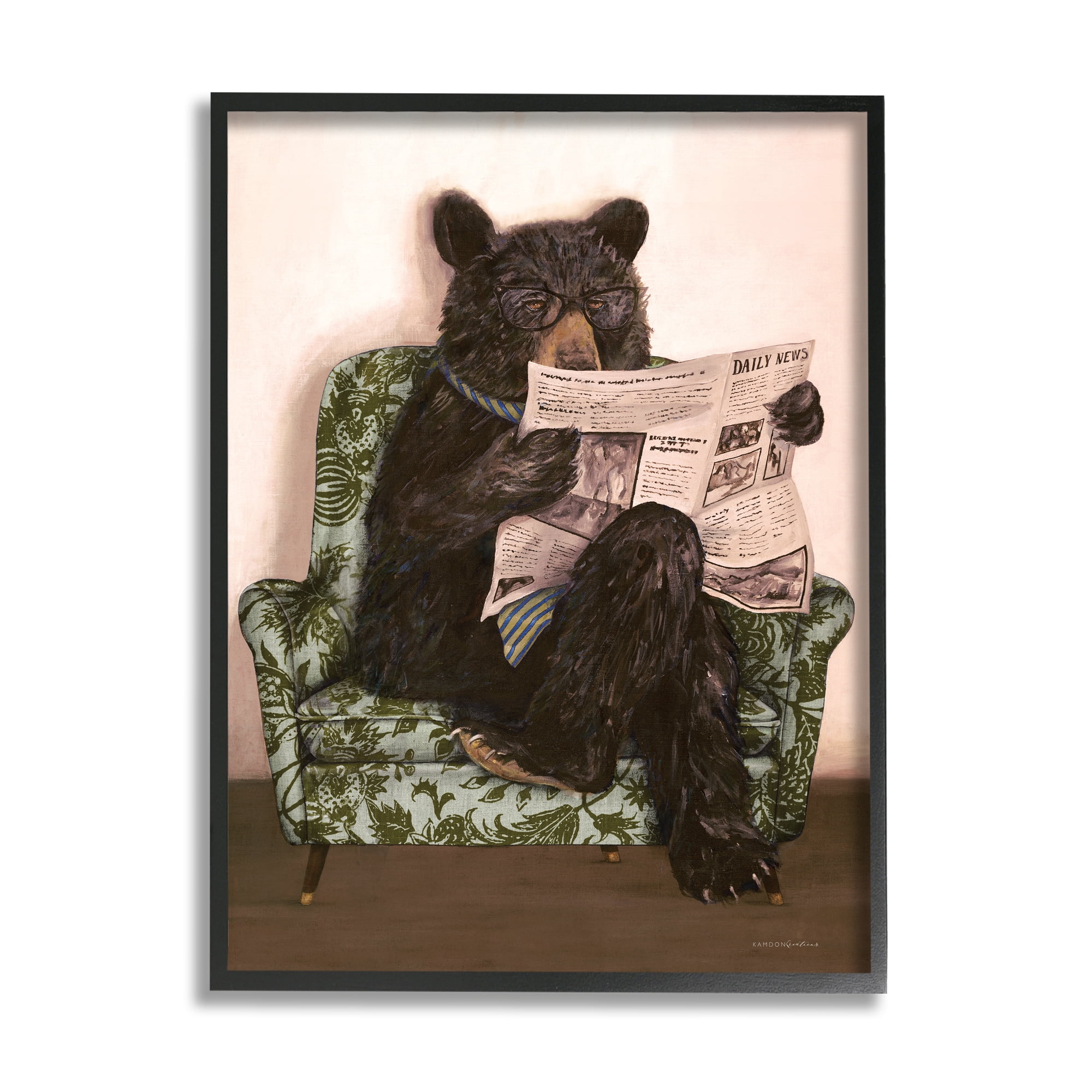 Stupell Industries Bear Reading Newspaper Animals & Insects Painting Black Framed Art Print Wall Art, 24 x 30