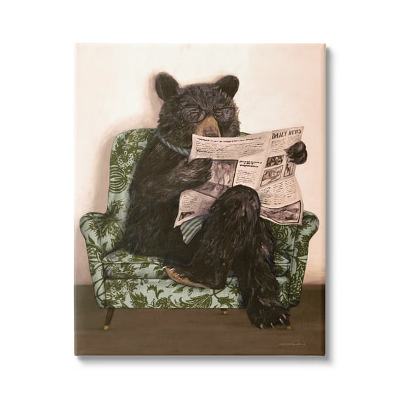 Stupell Industries Bear Reading Newspaper Animals & Insects Painting Gallery Wrapped Canvas Print Wall Art, 16 x 20