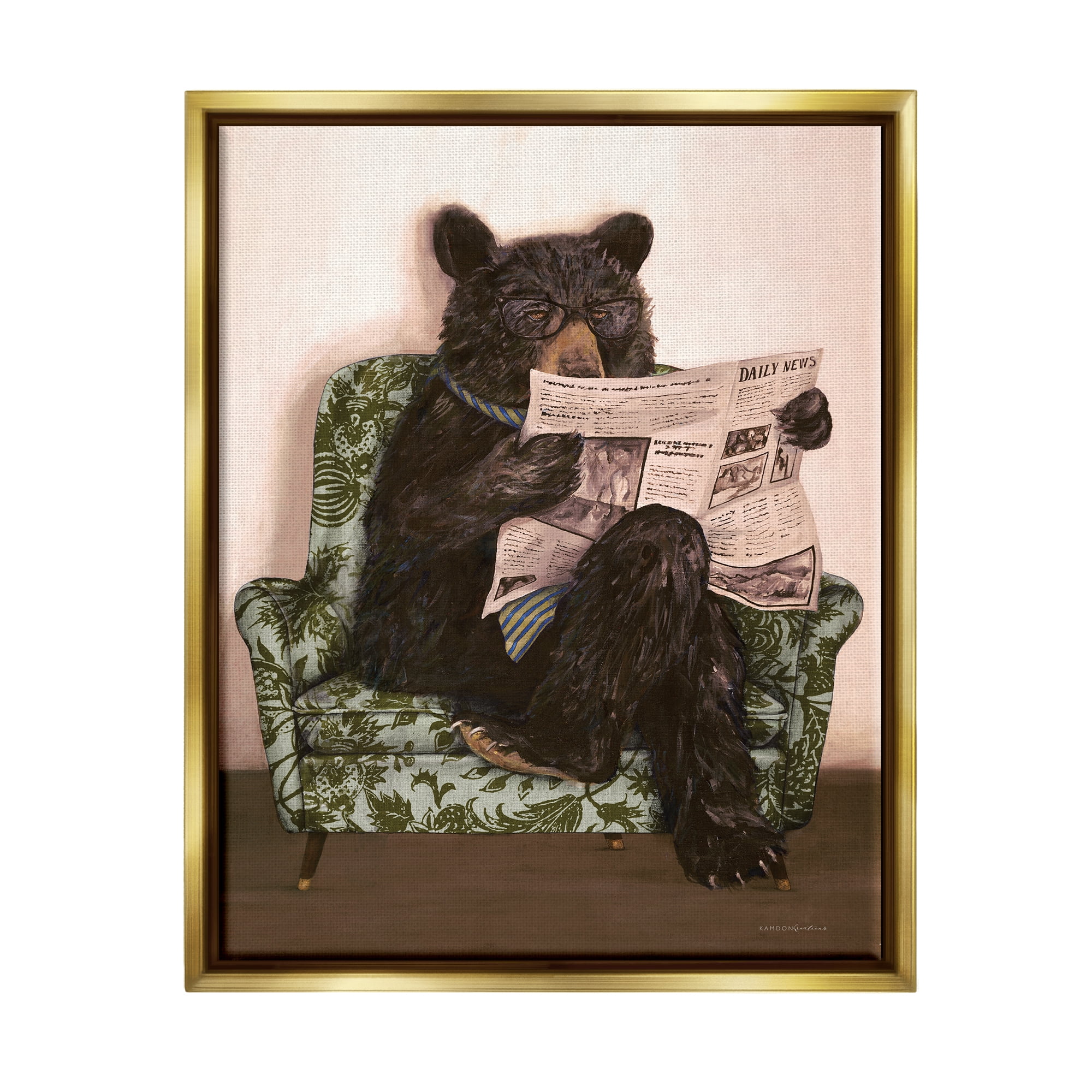 Stupell Industries Bear Reading Newspaper Animals & Insects Painting Gold Floater Framed Art Print Wall Art, 25 x 31