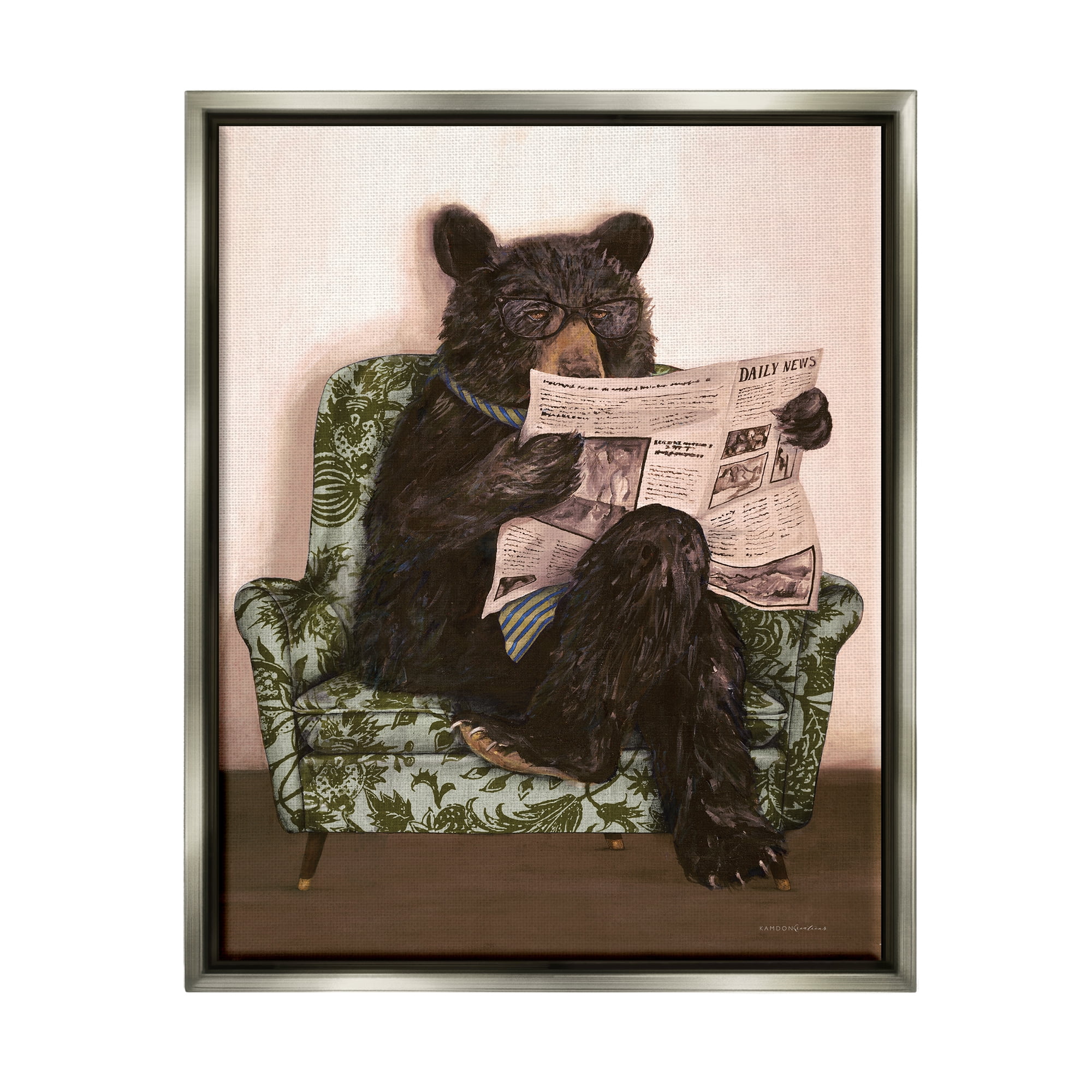 Stupell Industries Bear Reading Newspaper Animals & Insects Painting Gray Floater Framed Art Print Wall Art, 17 x 21
