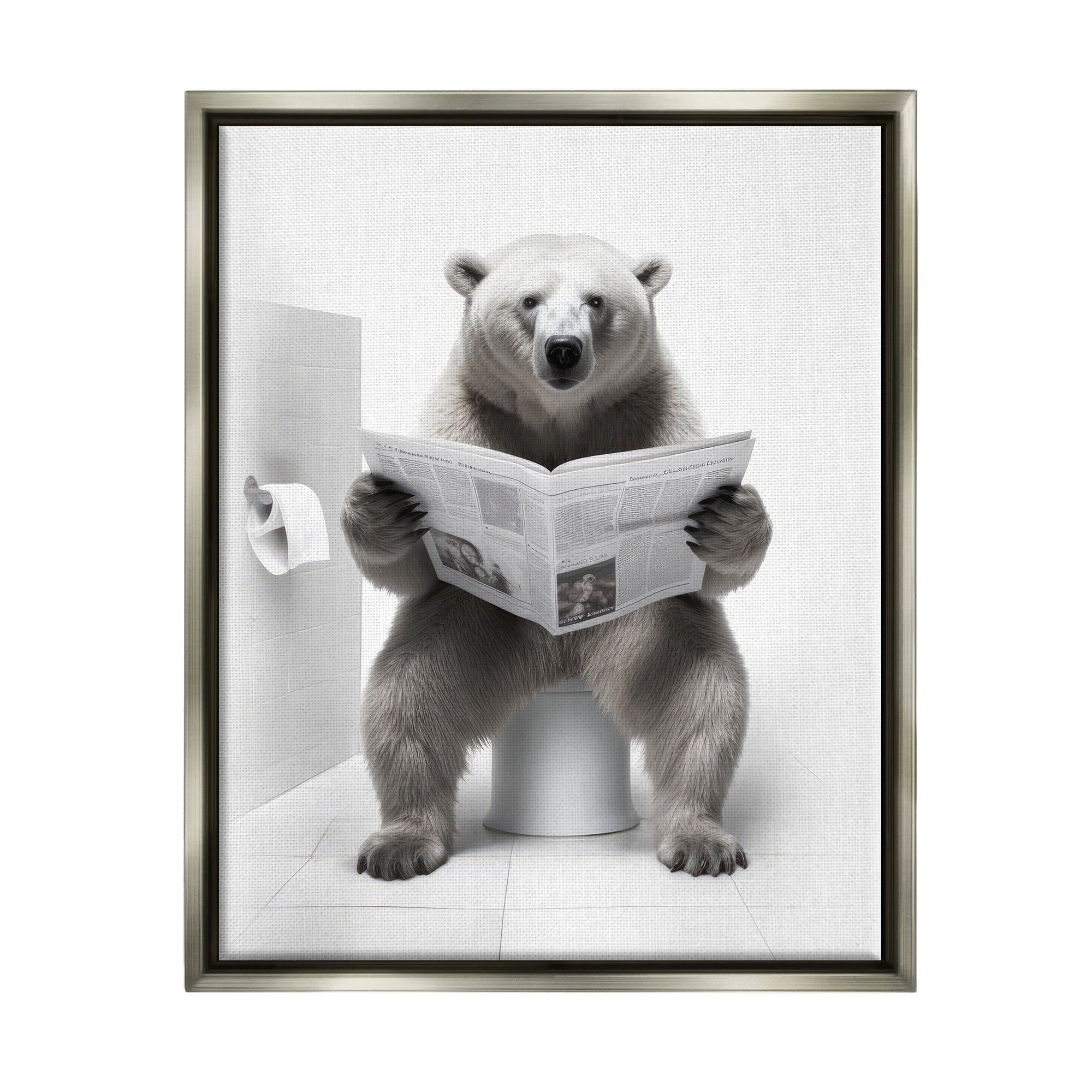 Stupell Industries Bear Reading Newspaper Animals & Insects Painting Gray Floater Framed Canvas Art Print Wall Art, 25 x 31