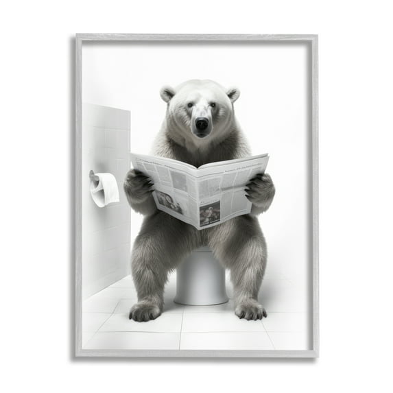 Stupell Industries Bear Reading Newspaper Animals & Insects Painting Gray Framed Art Print Wall Art, 11 x 14