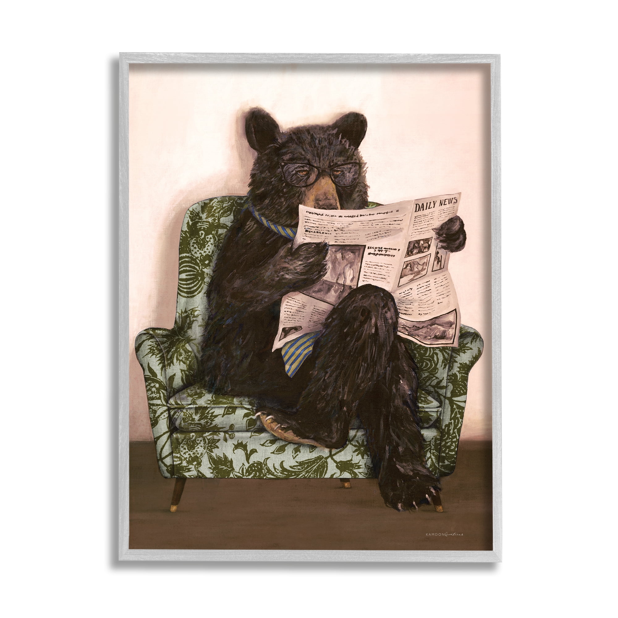 Stupell Industries Bear Reading Newspaper Animals & Insects Painting Gray Framed Art Print Wall Art, 16 x 20