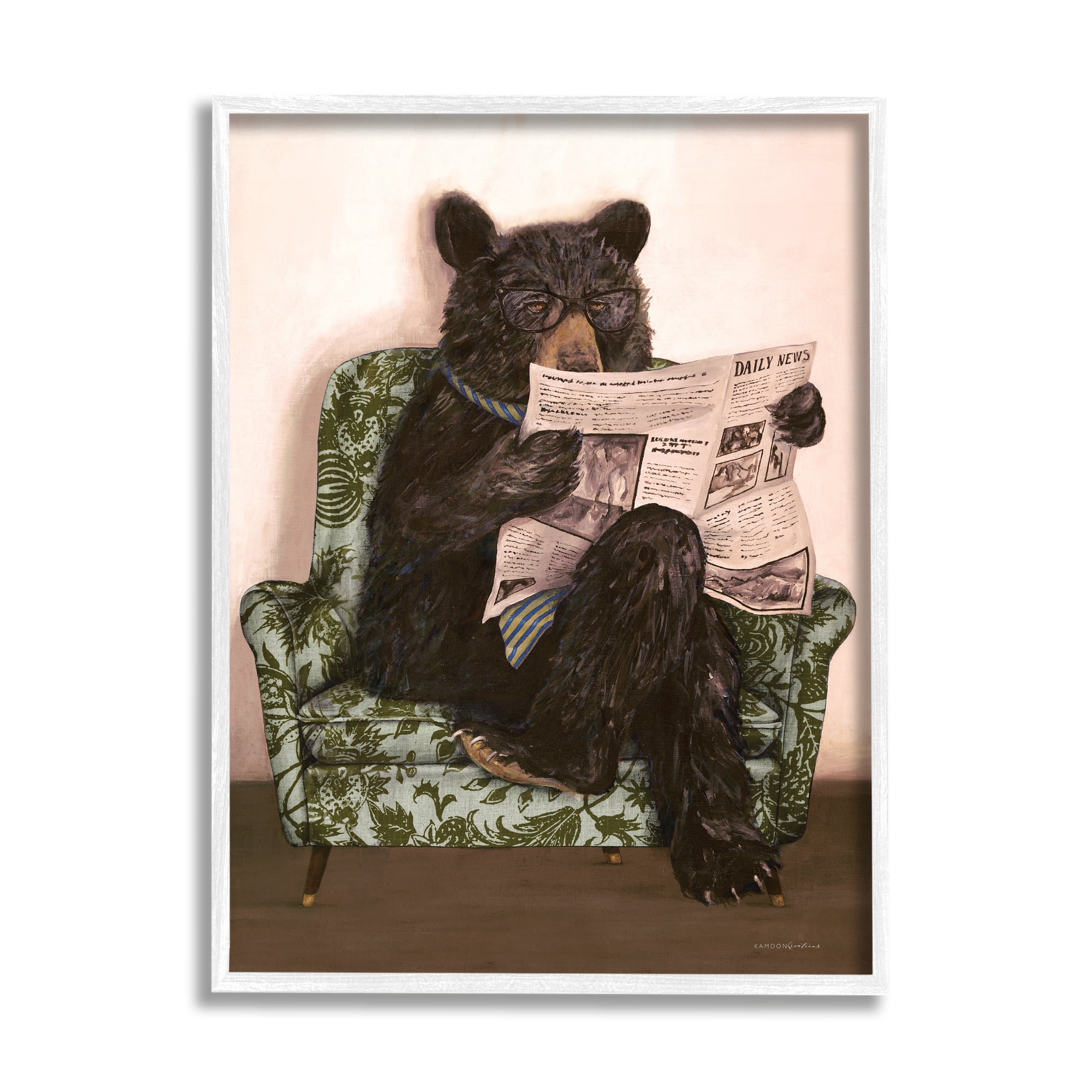 Stupell Industries Bear Reading Newspaper Animals & Insects Painting White Framed Art Print Wall Art, 24 x 30