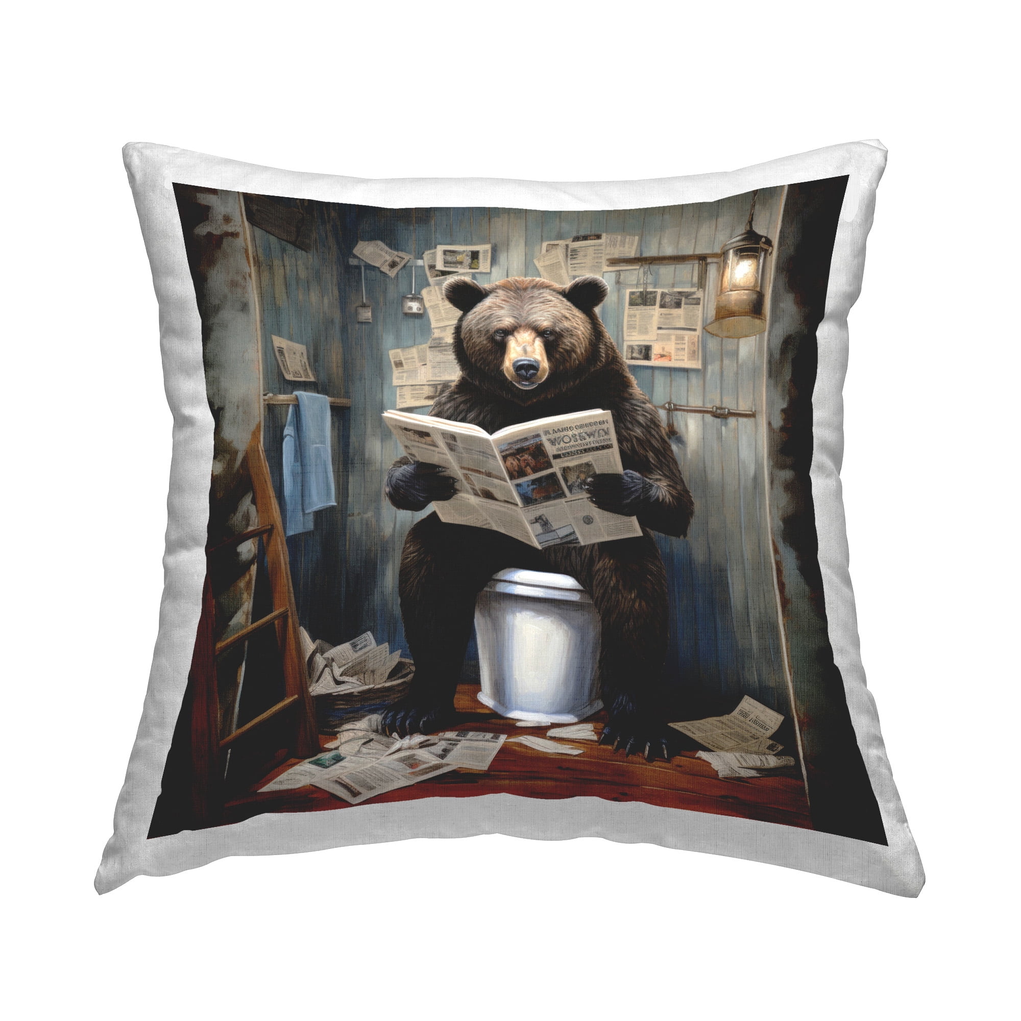 Stupell Industries Bear Reading on Toilet Decorative Printed Throw Pillow Design by Lazar Studio