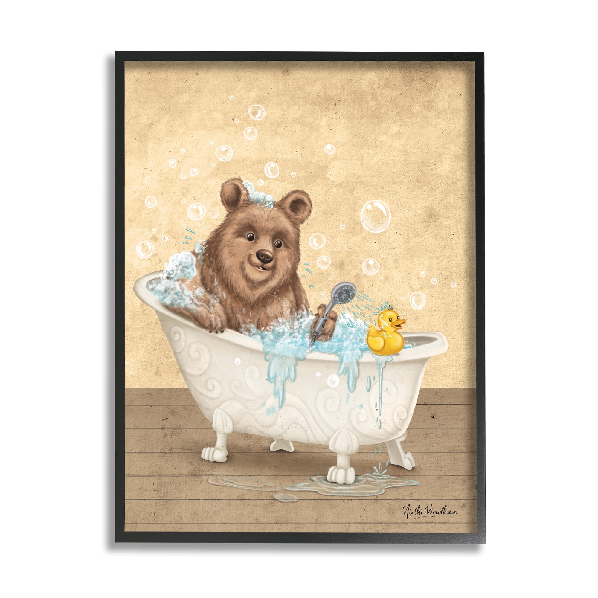 Stupell Industries Bear & Rubber Duck Bath Animals & Insects Painting Black Framed Art Print Wall Art, 16 x 20