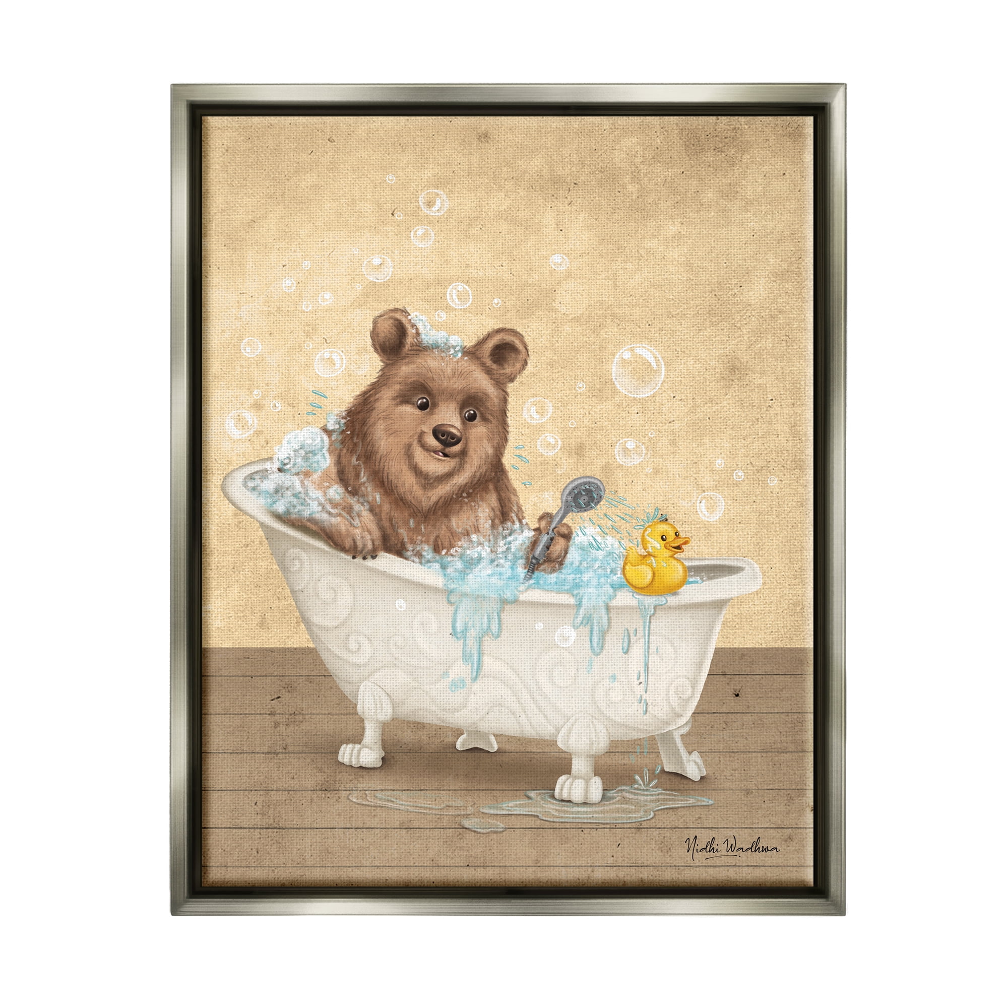 Stupell Industries Bear & Rubber Duck Bath Animals & Insects Painting Gray Floater Framed Art Print Wall Art, 25 x 31