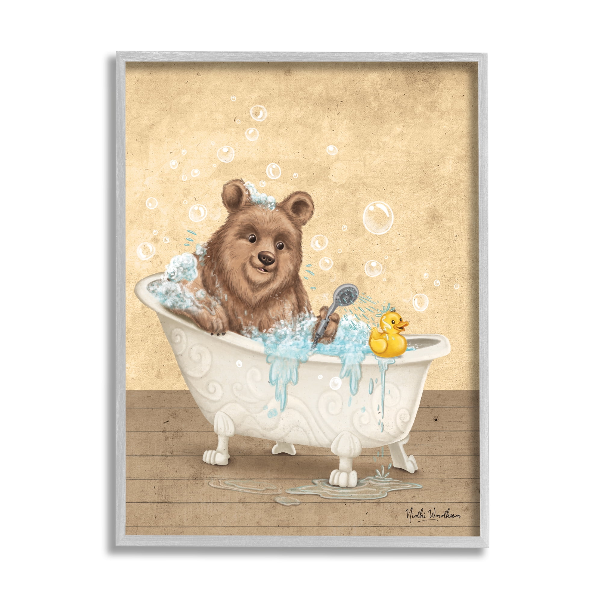 Stupell Industries Bear & Rubber Duck Bath Animals & Insects Painting Gray Framed Art Print Wall Art, 24 x 30