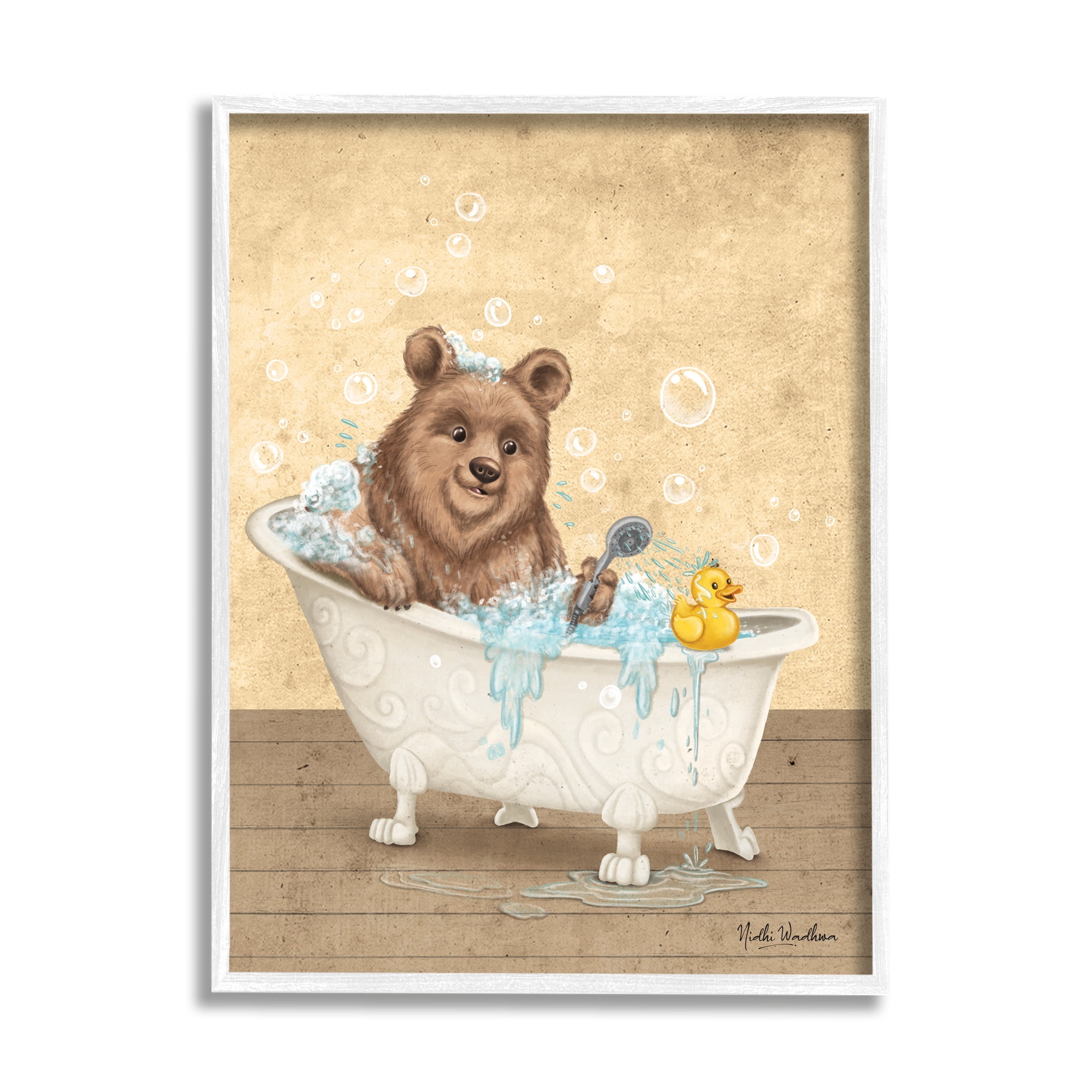Stupell Industries Bear & Rubber Duck Bath Animals & Insects Painting White Framed Art Print Wall Art, 24 x 30