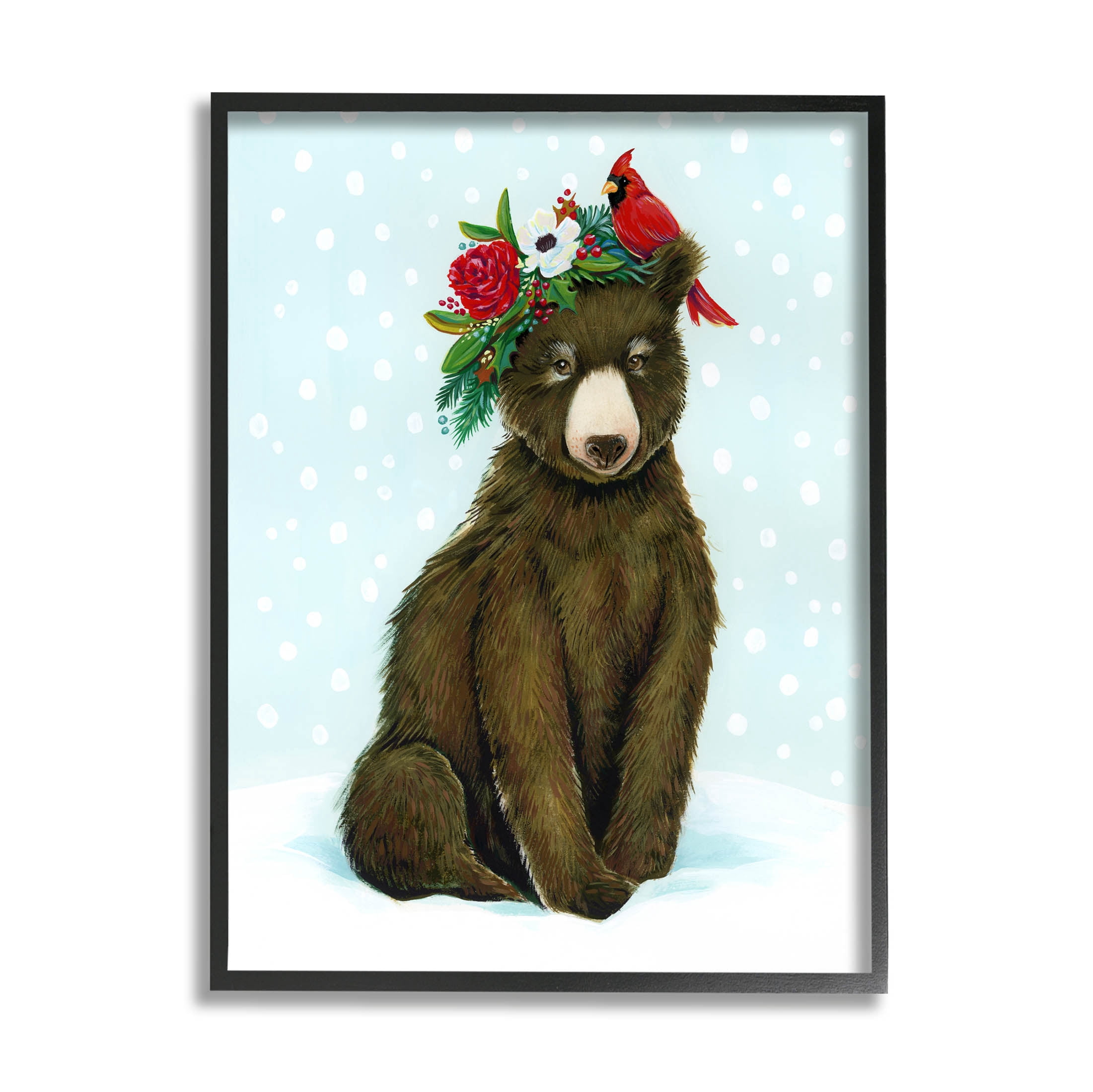 Stupell Industries Bear Seasonal Holly Snow Scene Graphic Art Black Framed Art Print Wall Art, Design by Laura Marr