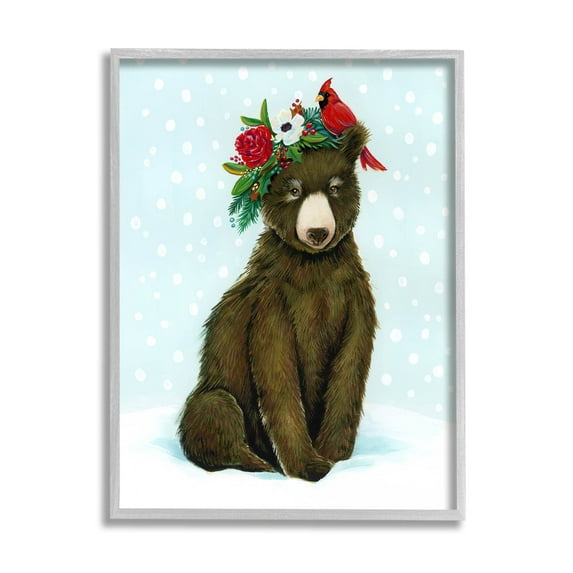 Stupell Industries Bear Seasonal Holly Snow Scene Graphic Art Gray Framed Art Print Wall Art, Design by Laura Marr