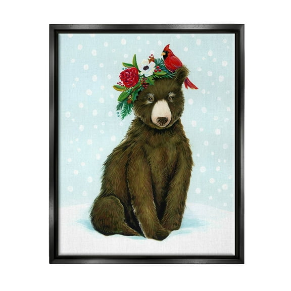 Stupell Industries Bear Seasonal Holly Snow Scene Graphic Art Jet Black Floating Framed Canvas Print Wall Art, Design by Laura Marr