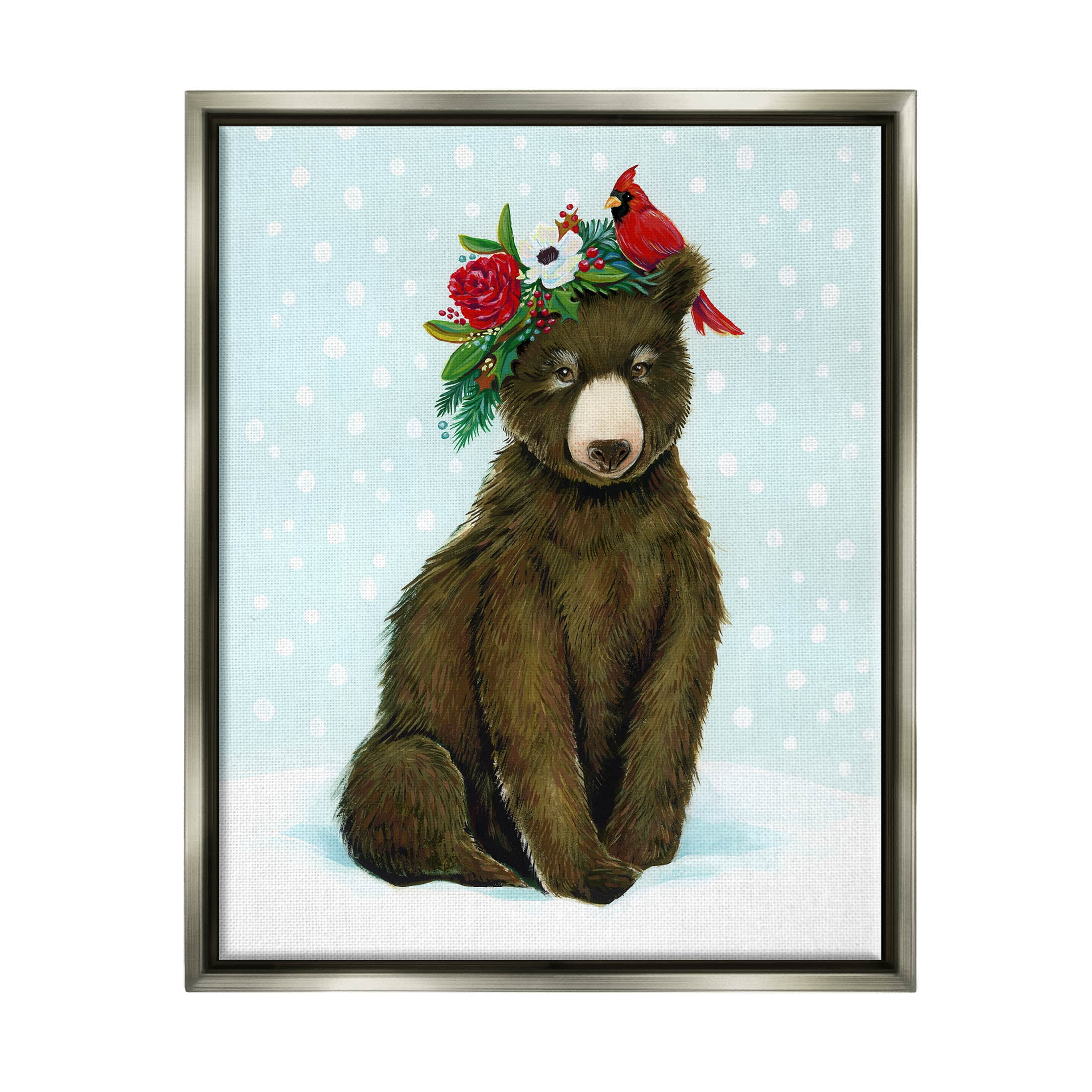 Stupell Industries Bear Seasonal Holly Snow Scene Graphic Art Luster Gray Floating Framed Canvas Print Wall Art, Design by Laura Marr