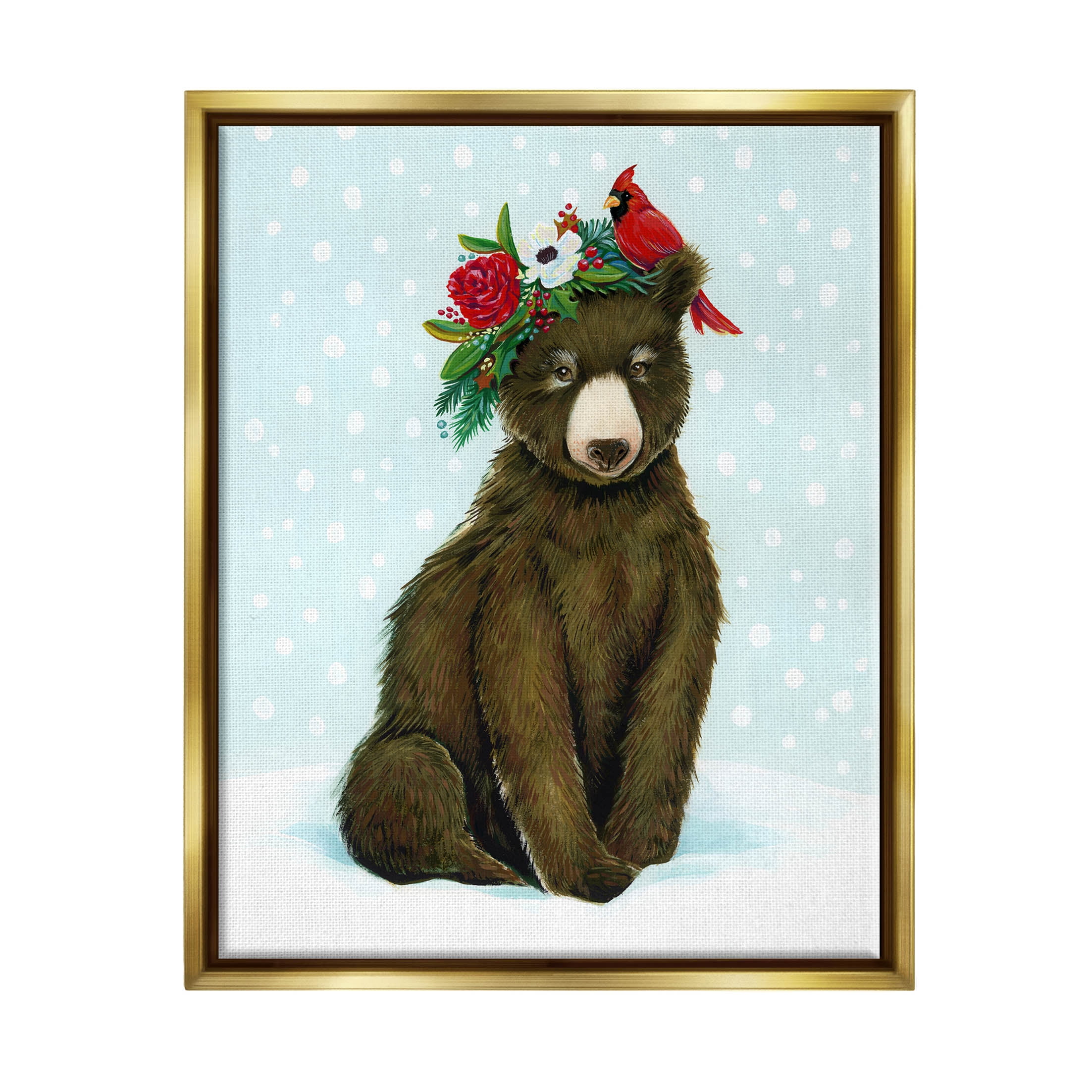 Stupell Industries Bear Seasonal Holly Snow Scene Graphic Art Metallic Gold Floating Framed Canvas Print Wall Art, Design by Laura Marr