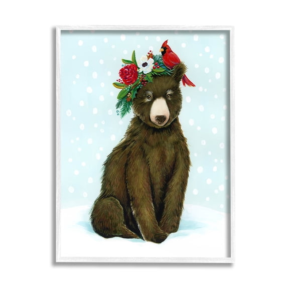 Stupell Industries Bear Seasonal Holly Snow Scene Graphic Art White Framed Art Print Wall Art, Design by Laura Marr