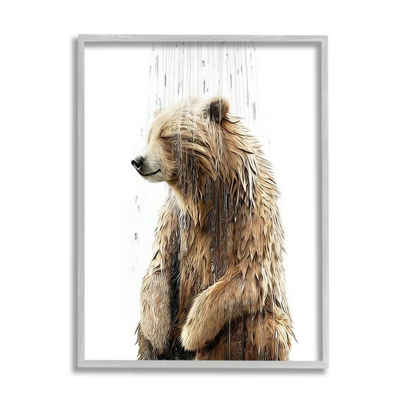 Stupell Industries Bear Shower Splash Animals & Insects Painting Gray Framed Art Print Wall Art, 11 x 14
