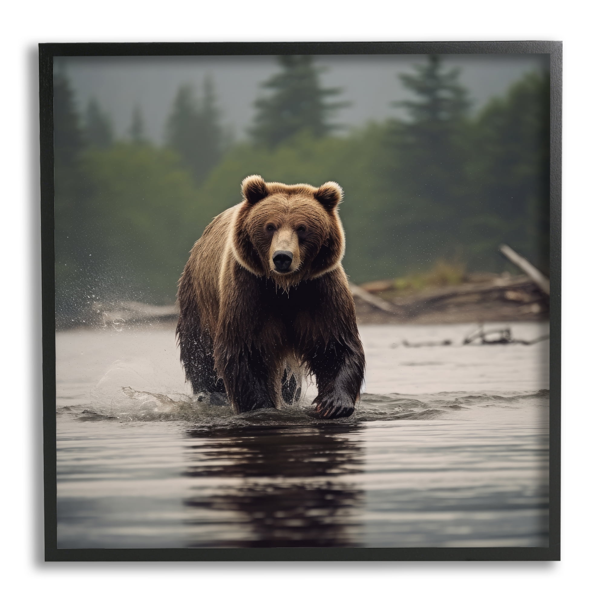 Stupell Industries Bear Splashing in Lake Animals & Insects Painting Black Framed Art Print Wall Art, 17 x 17