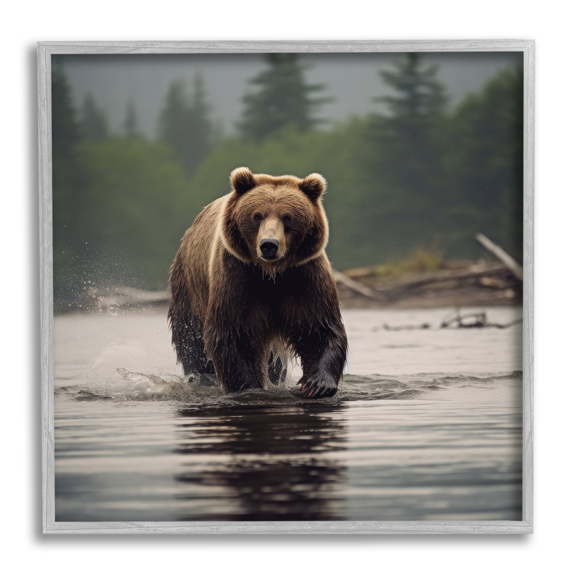 Stupell Industries Bear Splashing in Lake Animals & Insects Painting Gray Framed Art Print Wall Art, 17 x 17