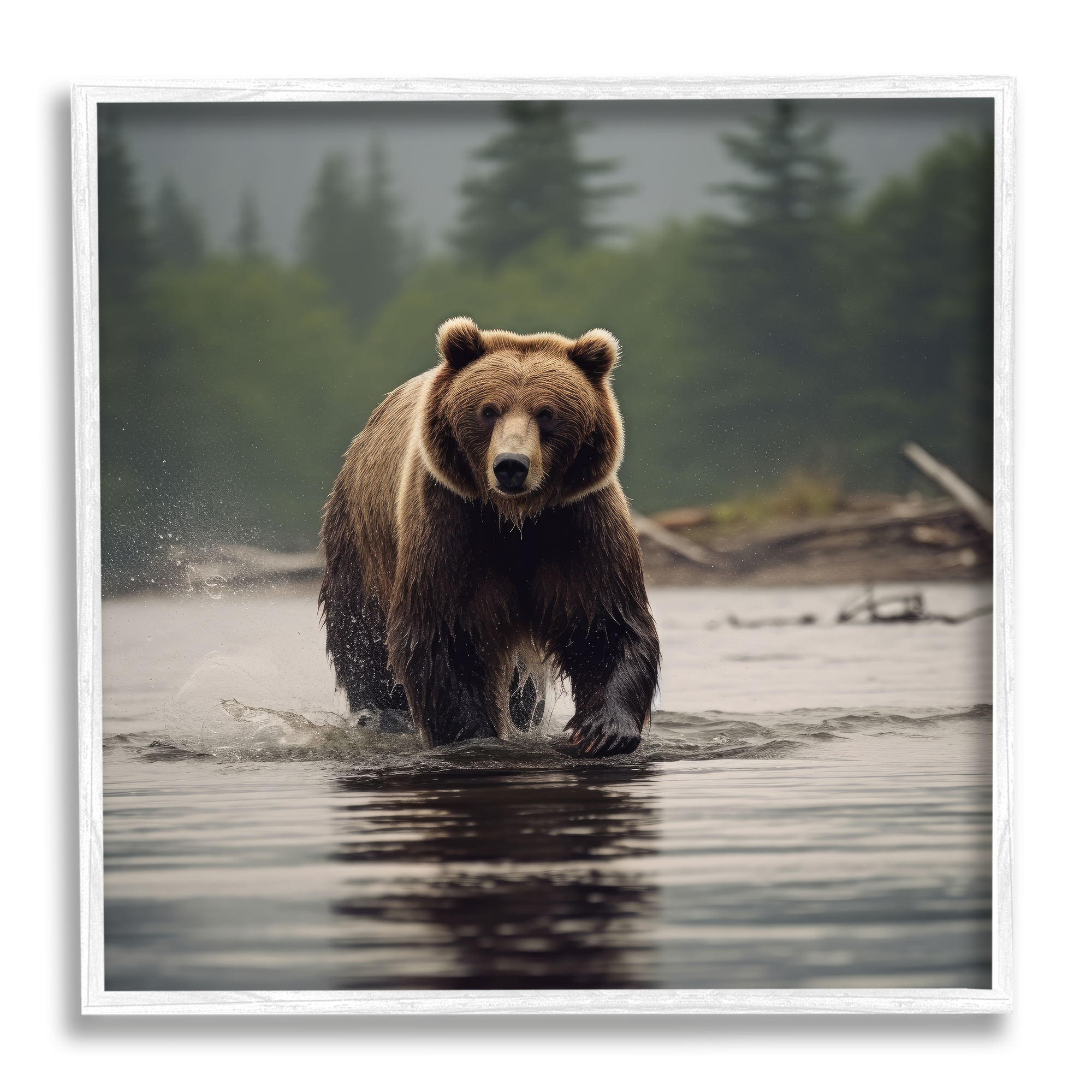 Stupell Industries Bear Splashing in Lake Animals & Insects Painting White Framed Art Print Wall Art, 17 x 17