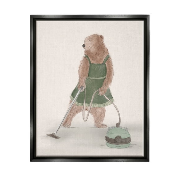 Stupell Industries Bear Vacuuming in Apron Animals & Insects Painting Black Floater Framed Art Print Wall Art, 17 x 21