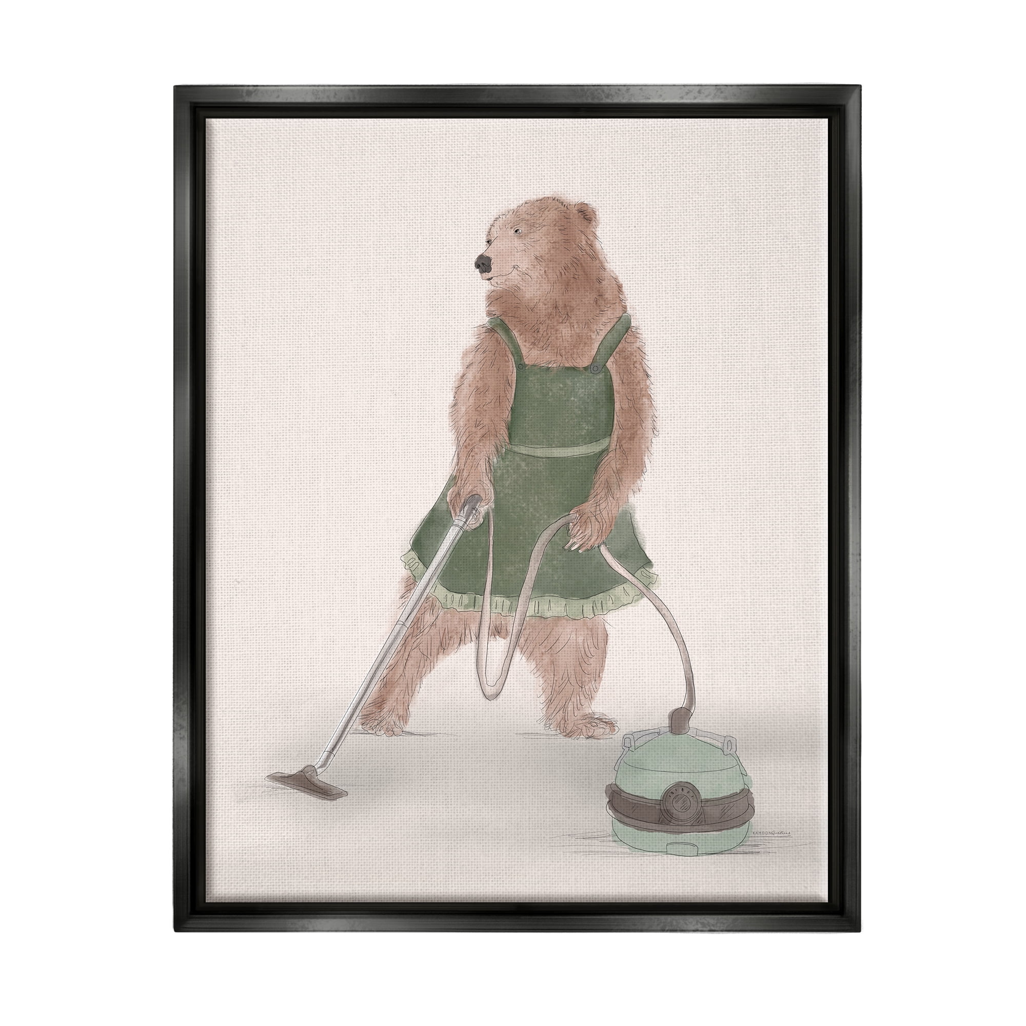 Stupell Industries Bear Vacuuming in Apron Animals & Insects Painting Black Floater Framed Art Print Wall Art, 25 x 31