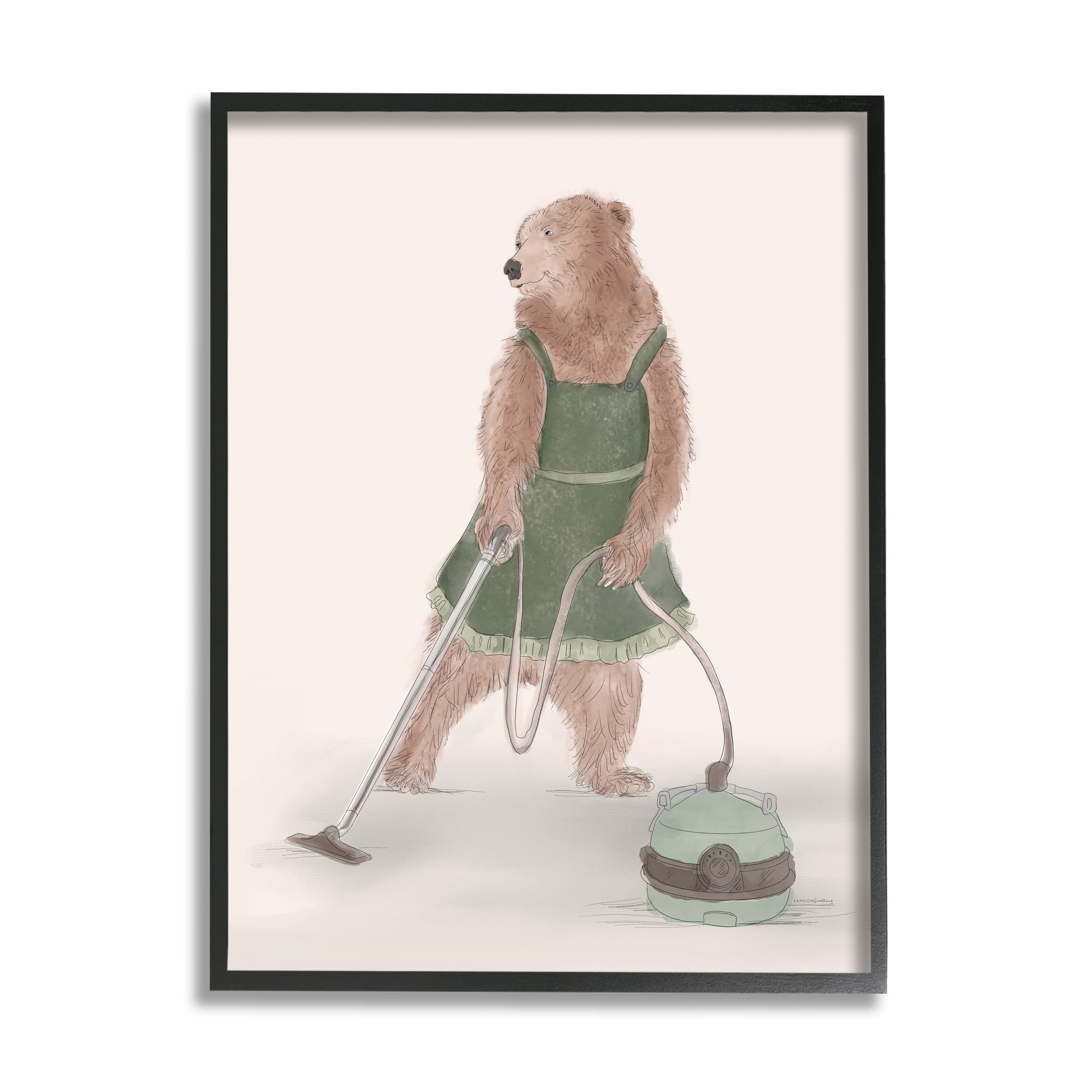 Stupell Industries Bear Vacuuming in Apron Animals & Insects Painting Black Framed Art Print Wall Art, 11 x 14