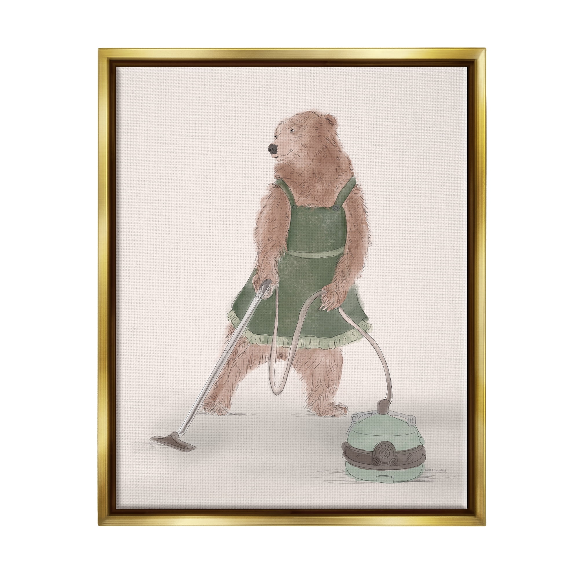 Stupell Industries Bear Vacuuming in Apron Animals & Insects Painting Gold Floater Framed Art Print Wall Art, 17 x 21