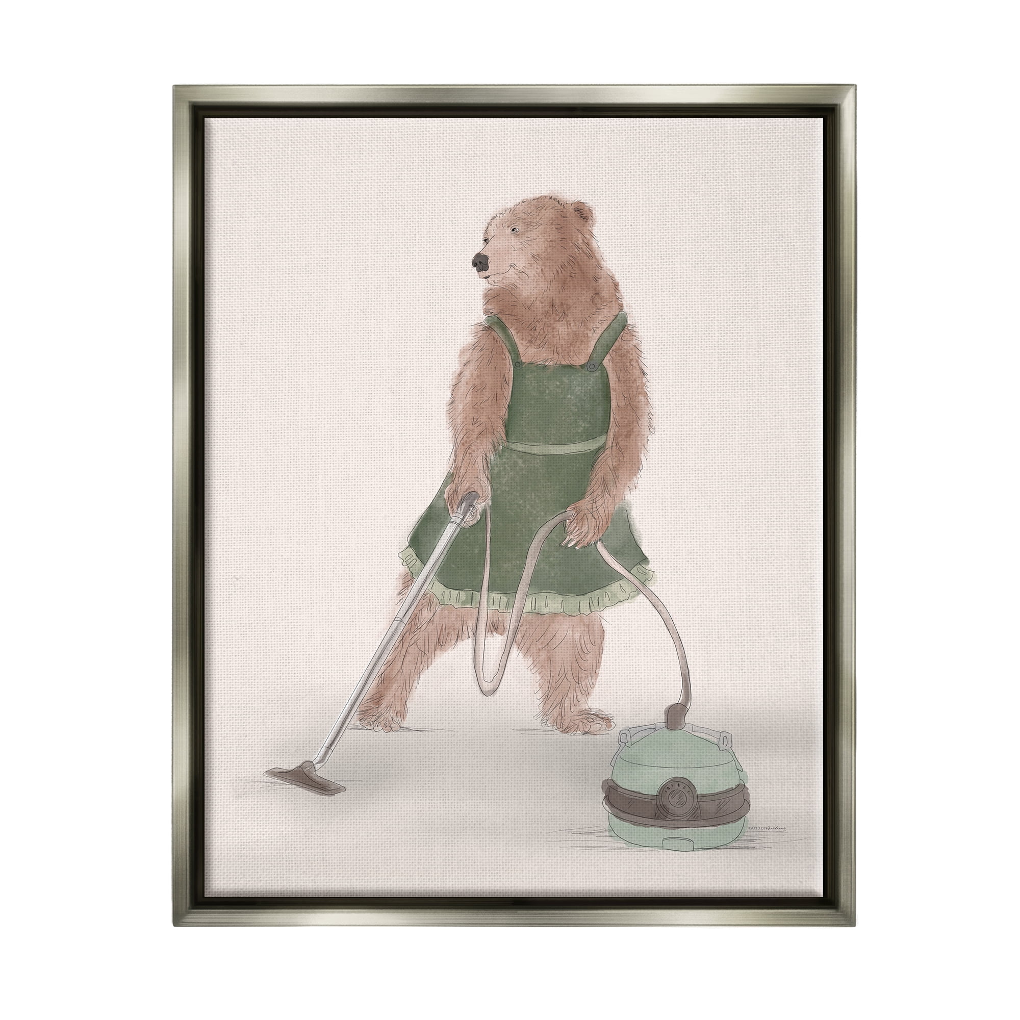 Stupell Industries Bear Vacuuming in Apron Animals & Insects Painting Gray Floater Framed Art Print Wall Art, 25 x 31