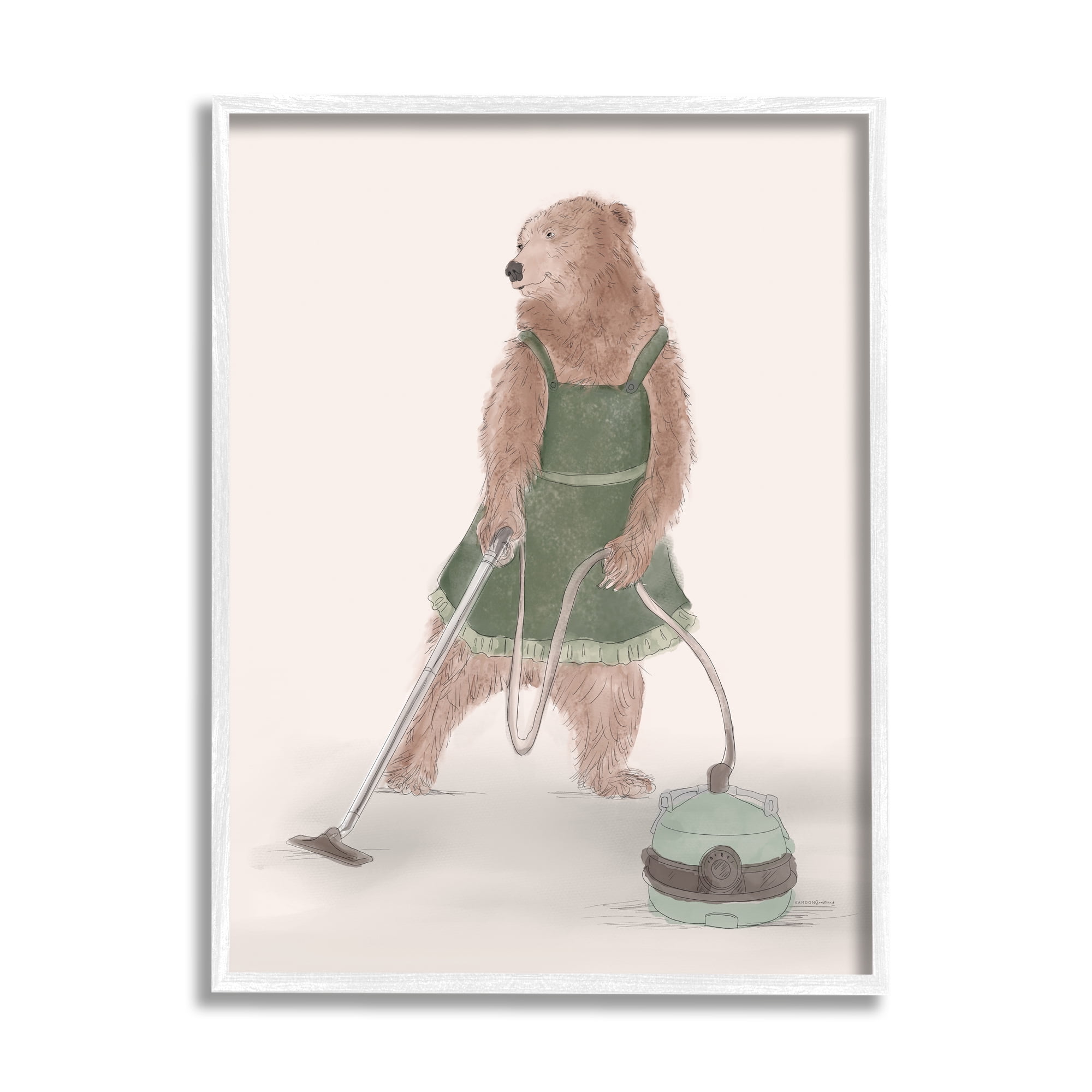 Stupell Industries Bear Vacuuming in Apron Animals & Insects Painting White Framed Art Print Wall Art, 11 x 14