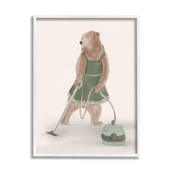 Stupell Industries Bear Vacuuming in Apron Animals & Insects Painting White Framed Art Print Wall Art, 24 x 30