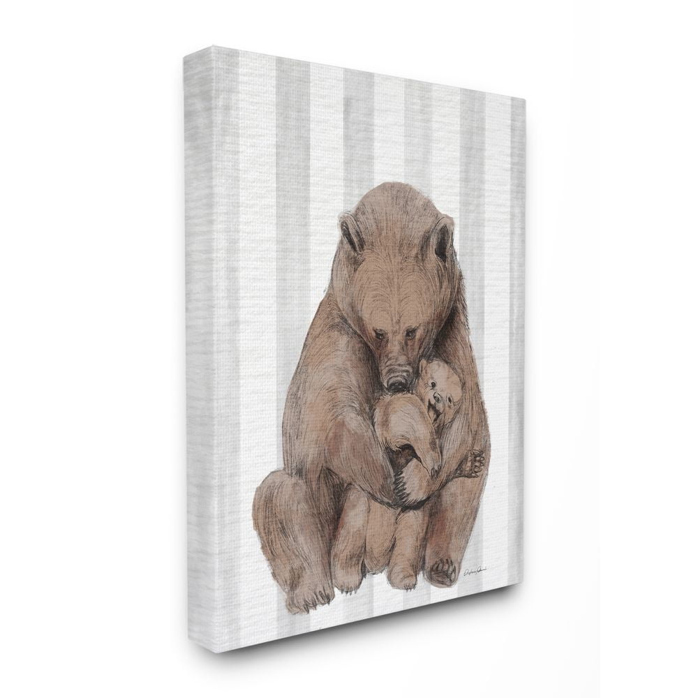 Stupell Industries Bear and Cub Family Grey Stripe Nursery Illustration Canvas Wall Art Design by Daphne Polselli, 24" x 30"
