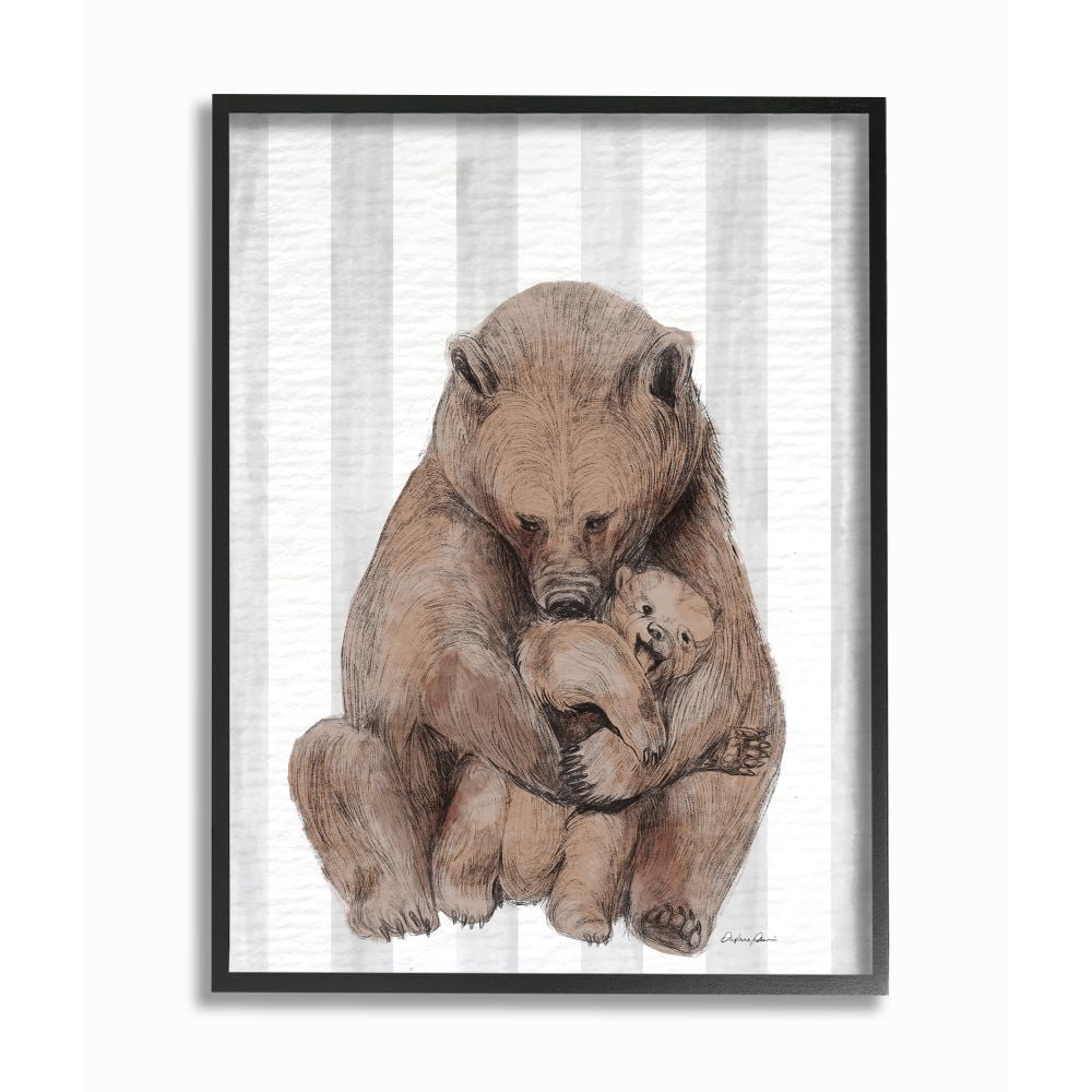 Stupell Industries Bear and Cub Family Grey Stripe Nursery Illustration Framed Wall Art Design by Daphne Polselli, 11" x 14", Black Framed