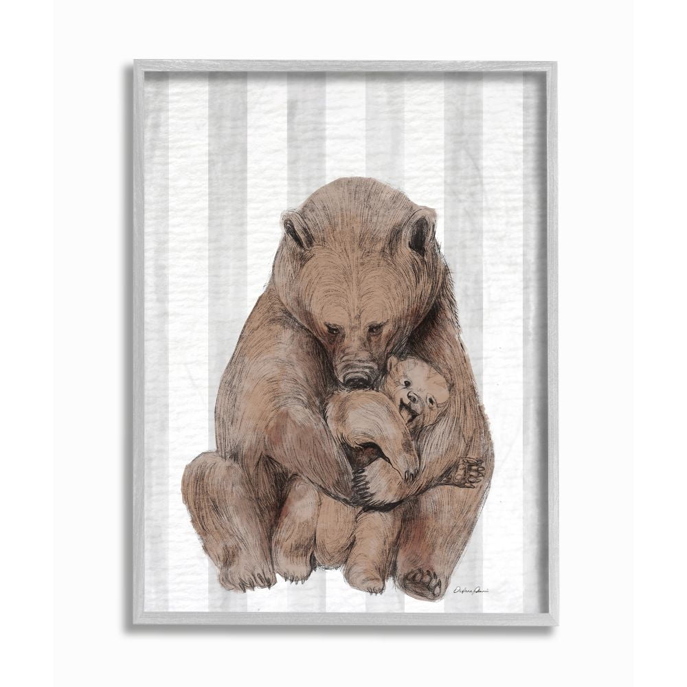 Stupell Industries Bear and Cub Family Grey Stripe Nursery Illustration Framed Wall Art Design by Daphne Polselli, 11" x 14", Gray Framed