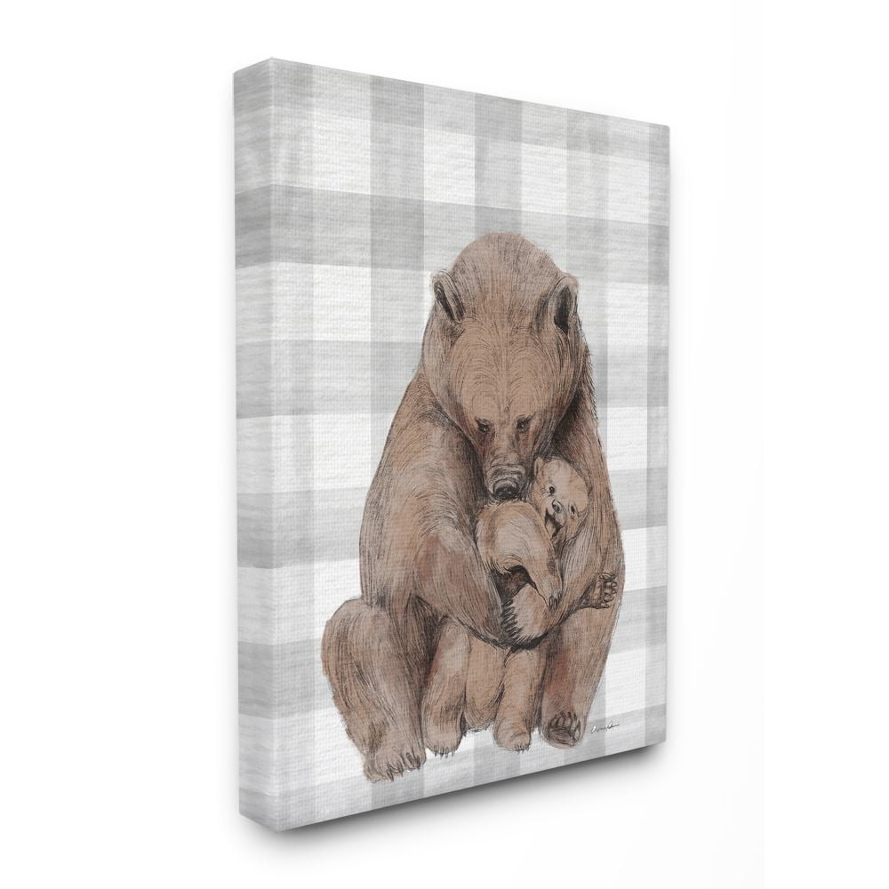Stupell Industries Bear and Cub Nursery Illustration Grey Farmer Plaid Canvas Wall Art Design by Daphne Polselli, 36" x 48"