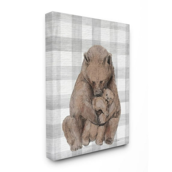 Stupell Industries Bear and Cub Nursery Illustration Grey Farmer Plaid Canvas Wall Art Design by Daphne Polselli, 36" x 48"