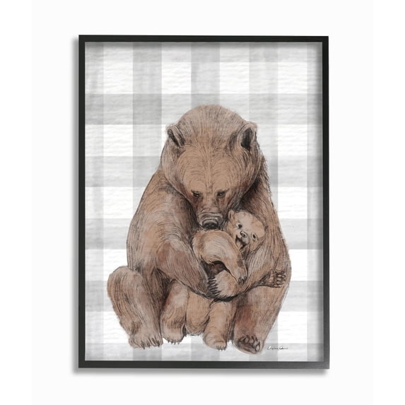 Stupell Industries Bear and Cub Nursery Illustration Grey Farmer Plaid Framed Wall Art Design by Daphne Polselli, 16" x 20", Black Framed