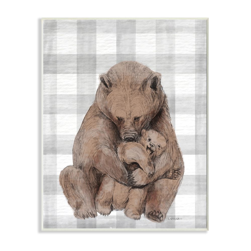 Stupell Industries Bear and Cub Nursery Illustration Grey Farmer Plaid Wall Plaque Design by Daphne Polselli