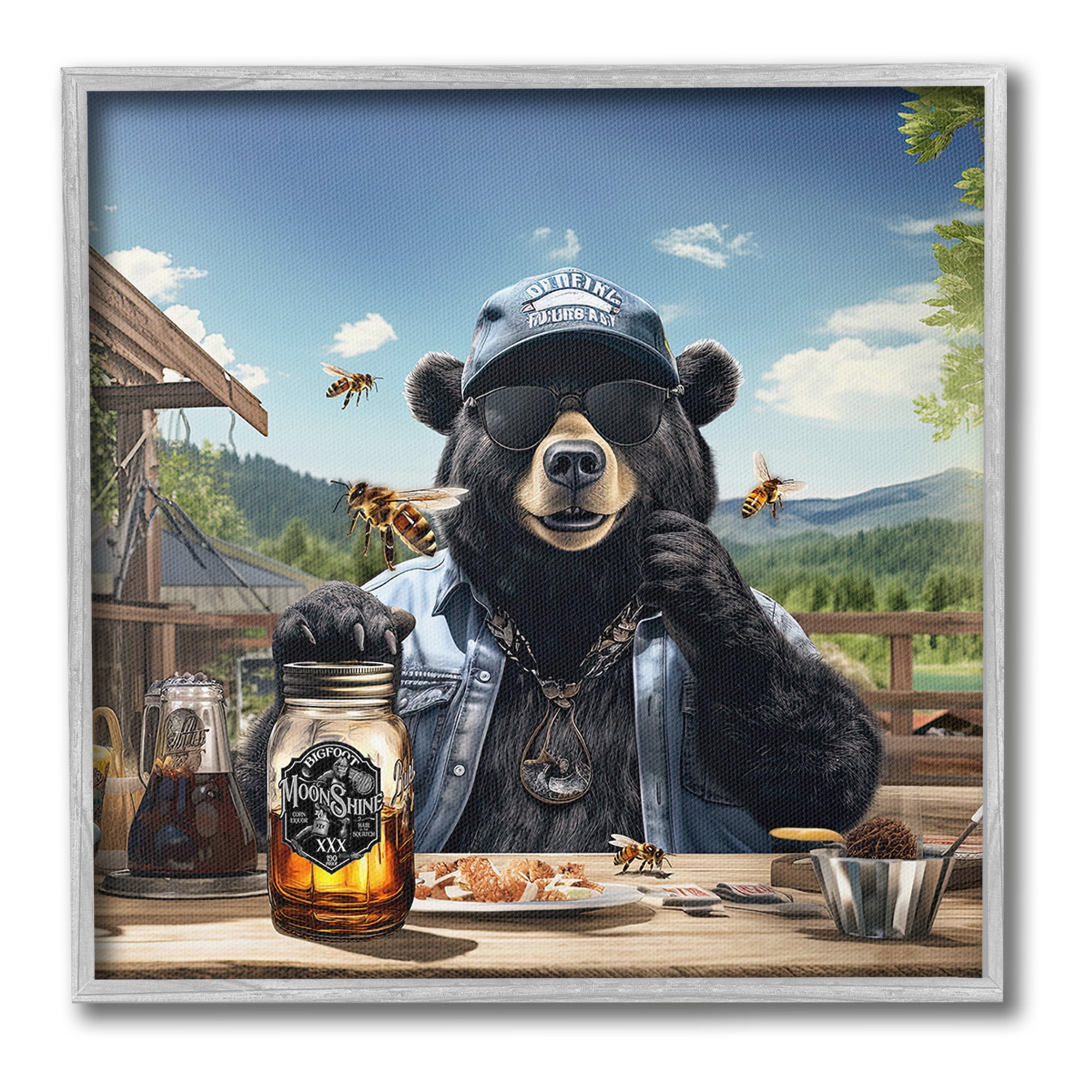 Stupell Industries Bear at Rustic Campsite Animals & Insects Painting Gray Framed Art Print Wall Art, 17 x 17