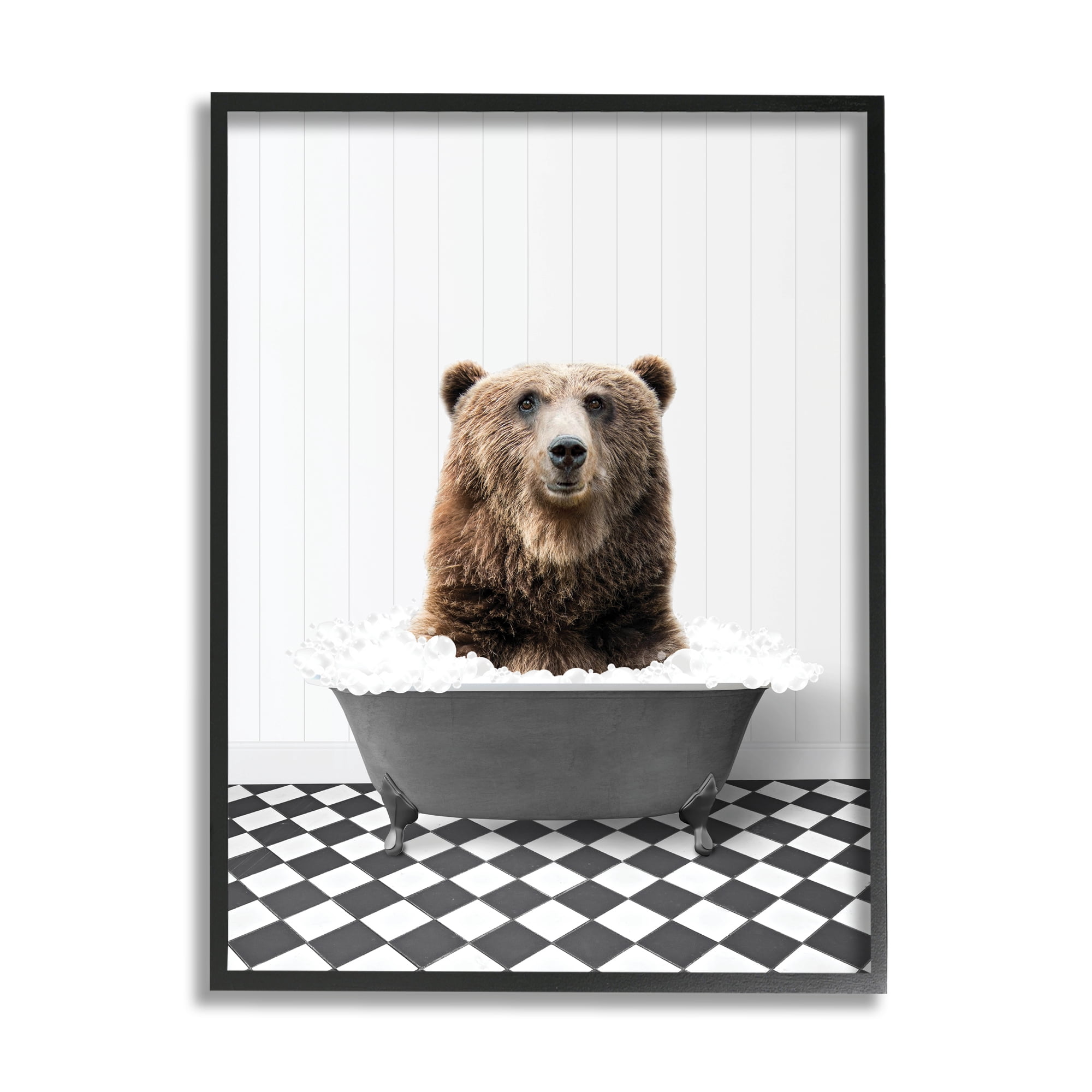 Stupell Industries Bear in Bathroom Tub Animals & Insects Painting Black Framed Art Print Wall Art, 16 x 20