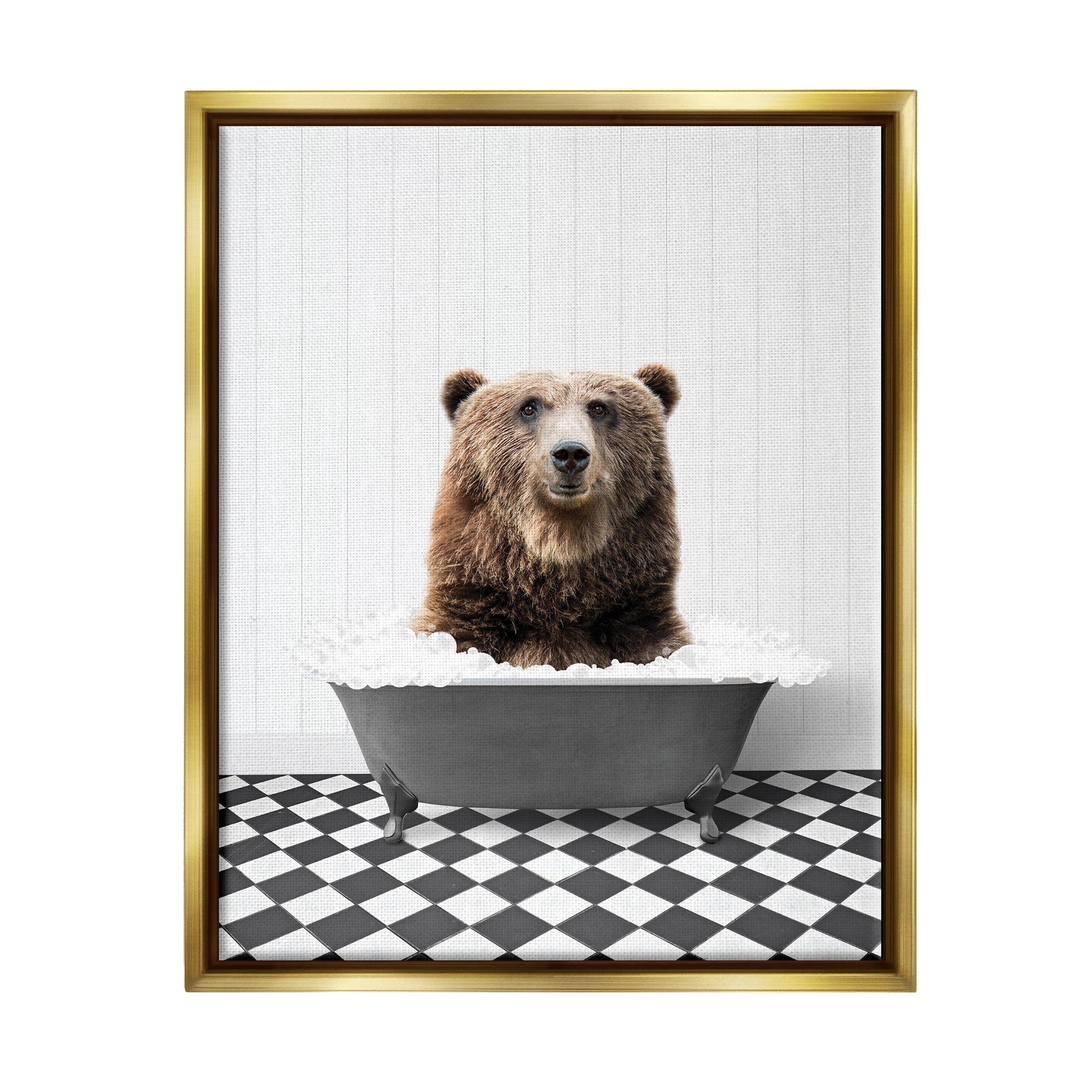 Stupell Industries Bear in Bathroom Tub Animals & Insects Painting Gold Floater Framed Art Print Wall Art, 17 x 21