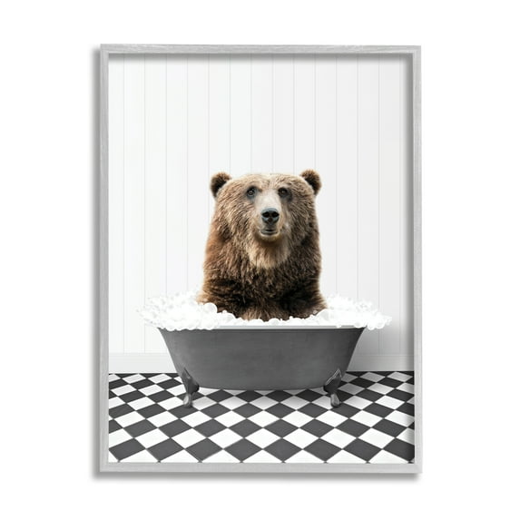 Stupell Industries Bear in Bathroom Tub Animals & Insects Painting Gray Framed Art Print Wall Art, 16 x 20